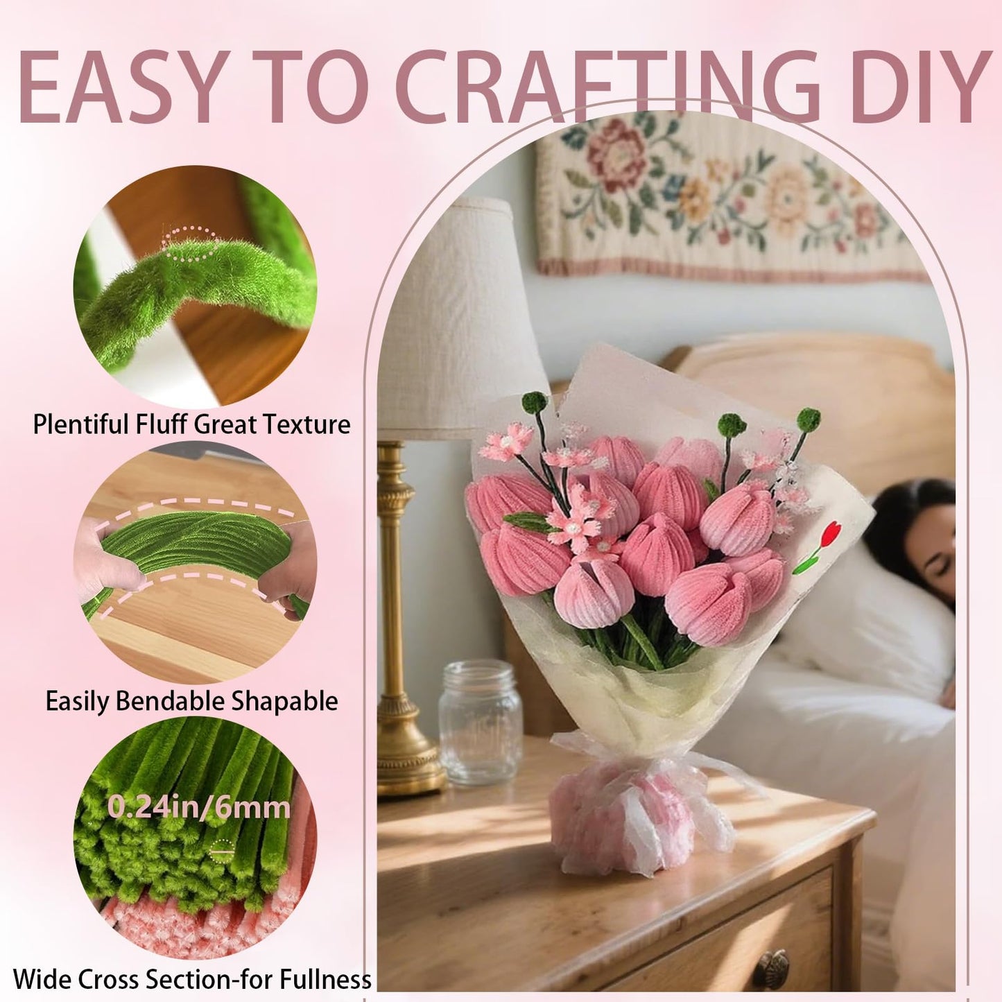 Homxzioa 500 Pcs Pipe Cleaner Flower Kit, Chenille Stems Craft for DIY Flower Making, Pipe Cleaners Bulk Kit with Green Floral Wires,Gardening Tape,Stamen