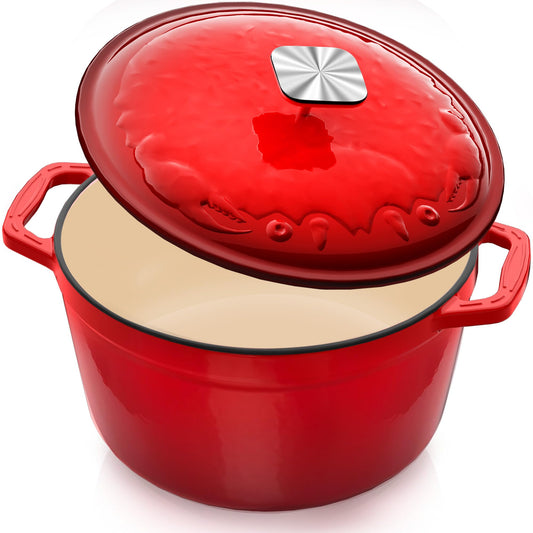 DUTZUN Enameled Cast Iron Dutch Oven - 5 Quart, Exclusive Designed Crab Lid (Patent Pending), Oversized Knob, for Bread Baking Braiser, Cooking Stock Pot - Red