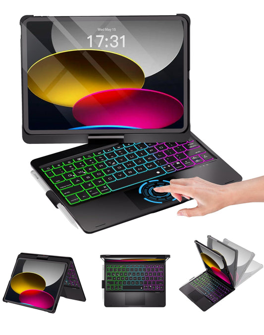 Baisla iPad 10th Generation Case with Keyboard 10.9" & iPad 11th (A16) & iPad Air 11 (M3/M2), Multi Trackpad, 360 Swivel & Rainbow Backlit for iPad Air 5th/4th,iPad Pro 11 4th/3rd/2nd/1st - Black