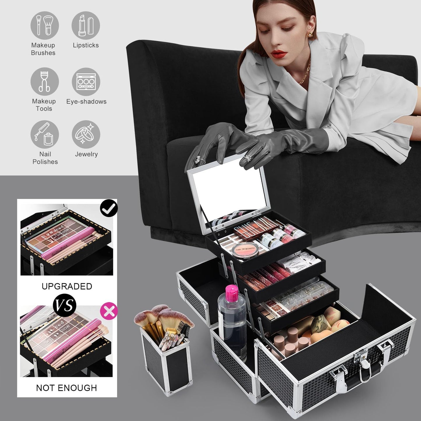 Joligrace Makeup Box Organizer 11.8 Inch Large Makeup Case 3-Tray with Mirror Carrying Make-up Train Case with Brush Holder Locking Portable Cosmetic Travel Storage Shiny Black