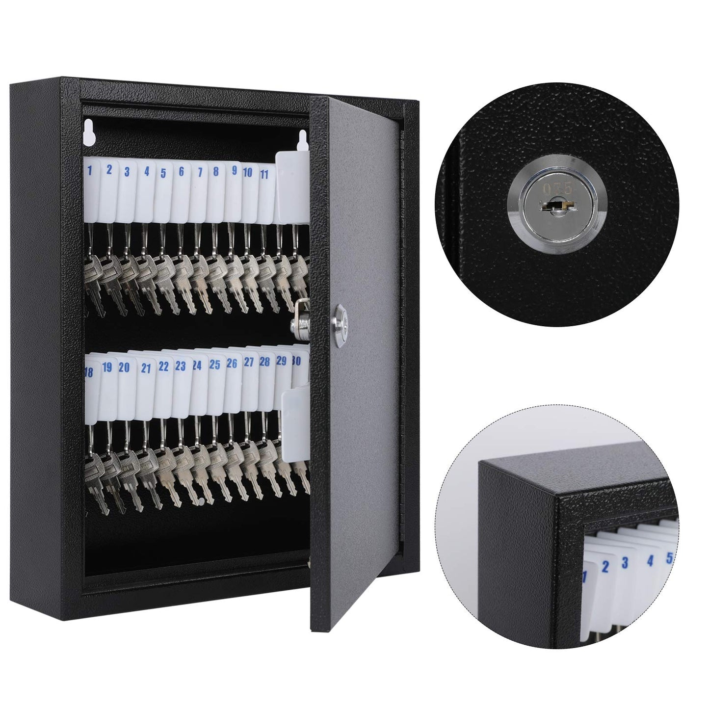 KYODOLED Key Storage Lock Box with Key, Locking Key Cabinet, 60 Key Management Wall Mount with Key Lock, Key Hooks & Key Labels, 2.5" D x 10.2" W x 12.1" H (Black,60 Key)