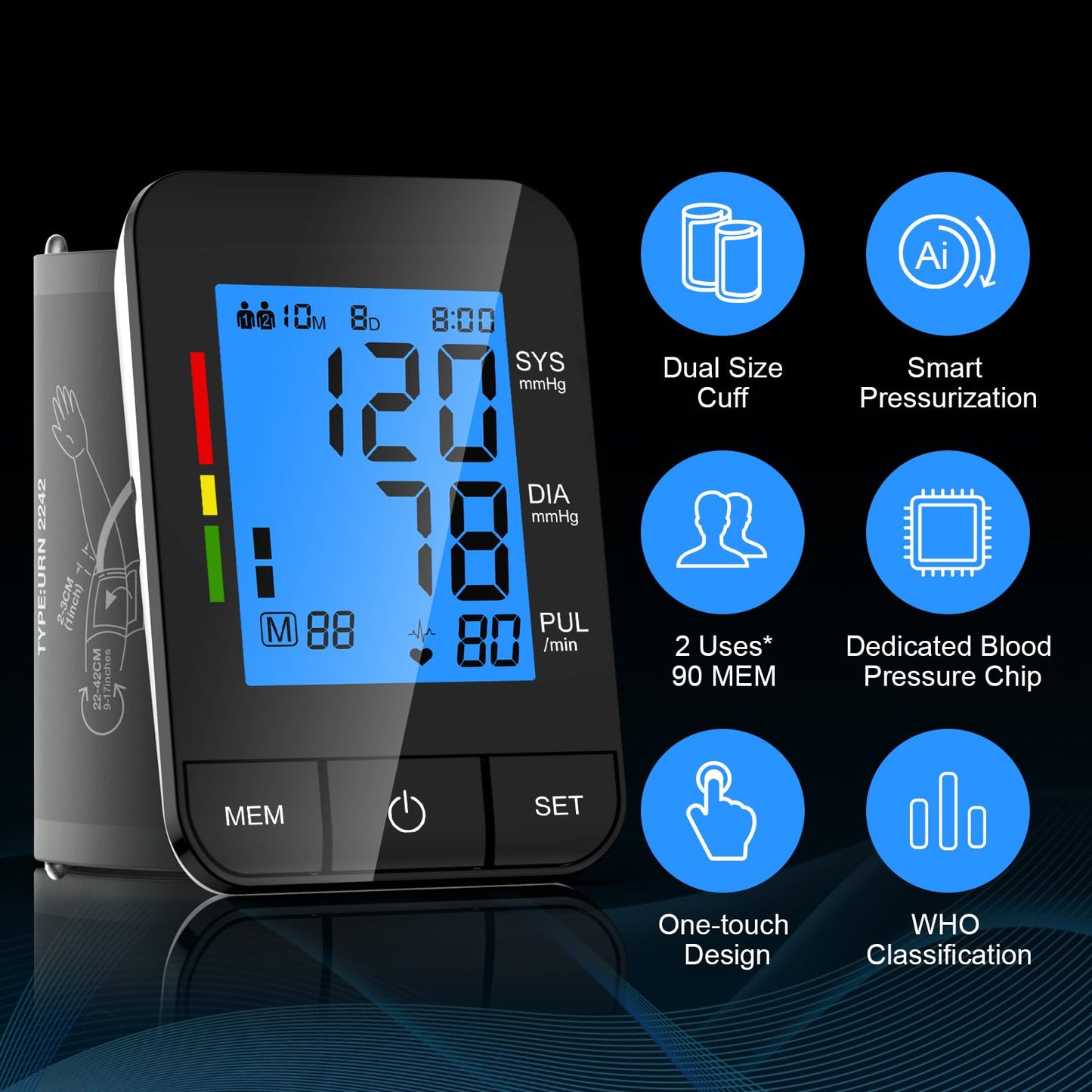 Accurate Digital BP Machine - Automatic Blood Pressure Monitor with XL Cuff (13-21") & M/L Cuff (9-17") for Big/Medium Arms, Large Backlit LCD Display, 360° Adjustable & Portable for Adults