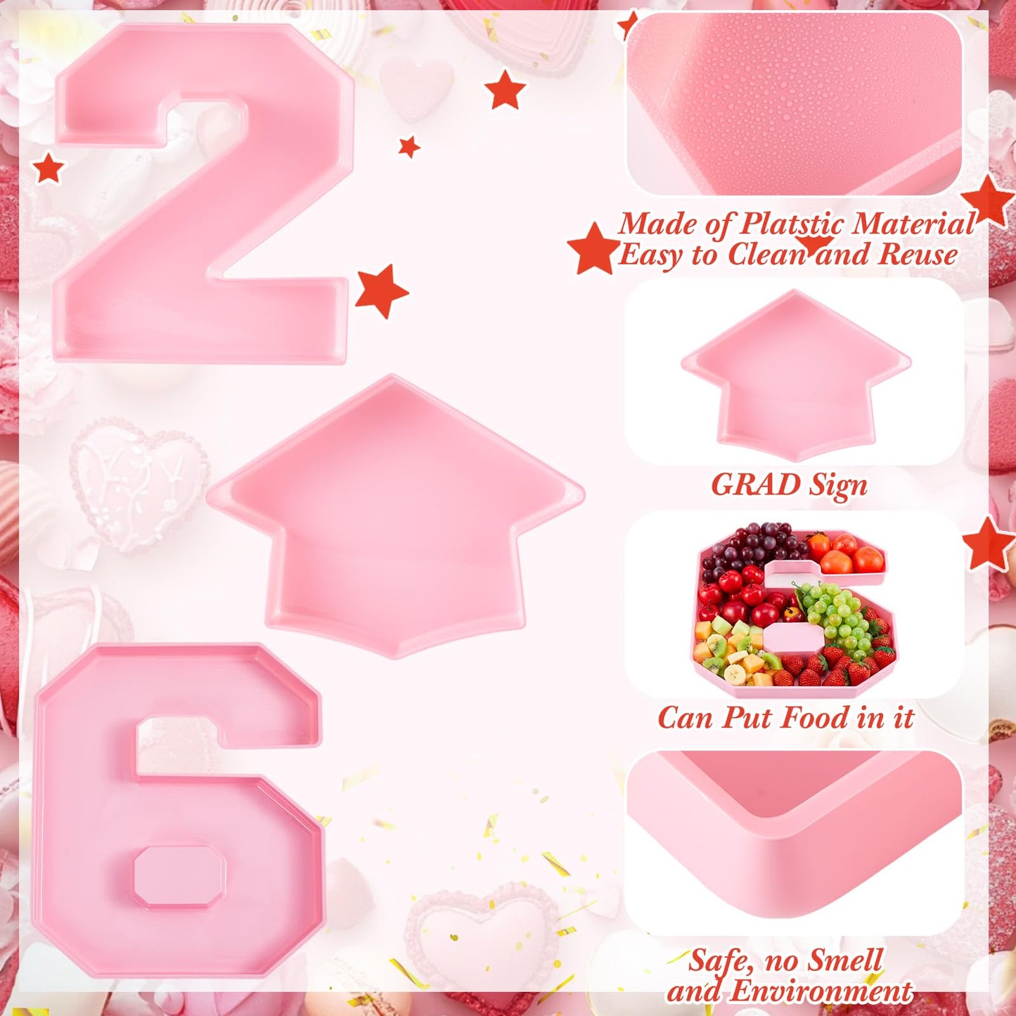 Tellingyou 3 Pcs 13.7" 2026 Graduation Fillable Letter, Plastic Number Trays for Food 2026, Charcuterie Number, Grad Fillable Letter for Class of Congrats Grad Party Supplies(2026,Light Pink)