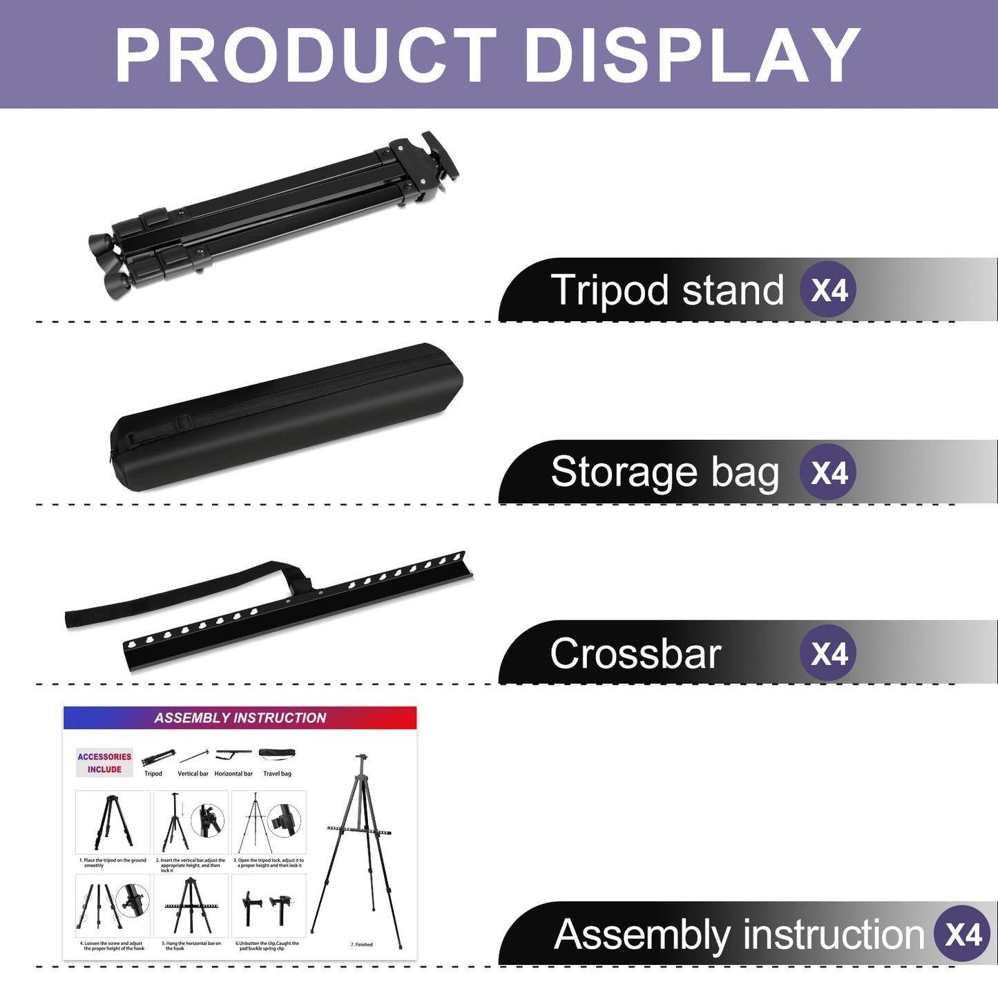 AROIC 4 Pack Painting Display Easel Stand Portable Adjustable Metal Tripod Artist Canvases Height from20to66Inch Extra Sturdy forTable-Top/Floor Painting, Drawingand Displaying,Black with4Storage Bag