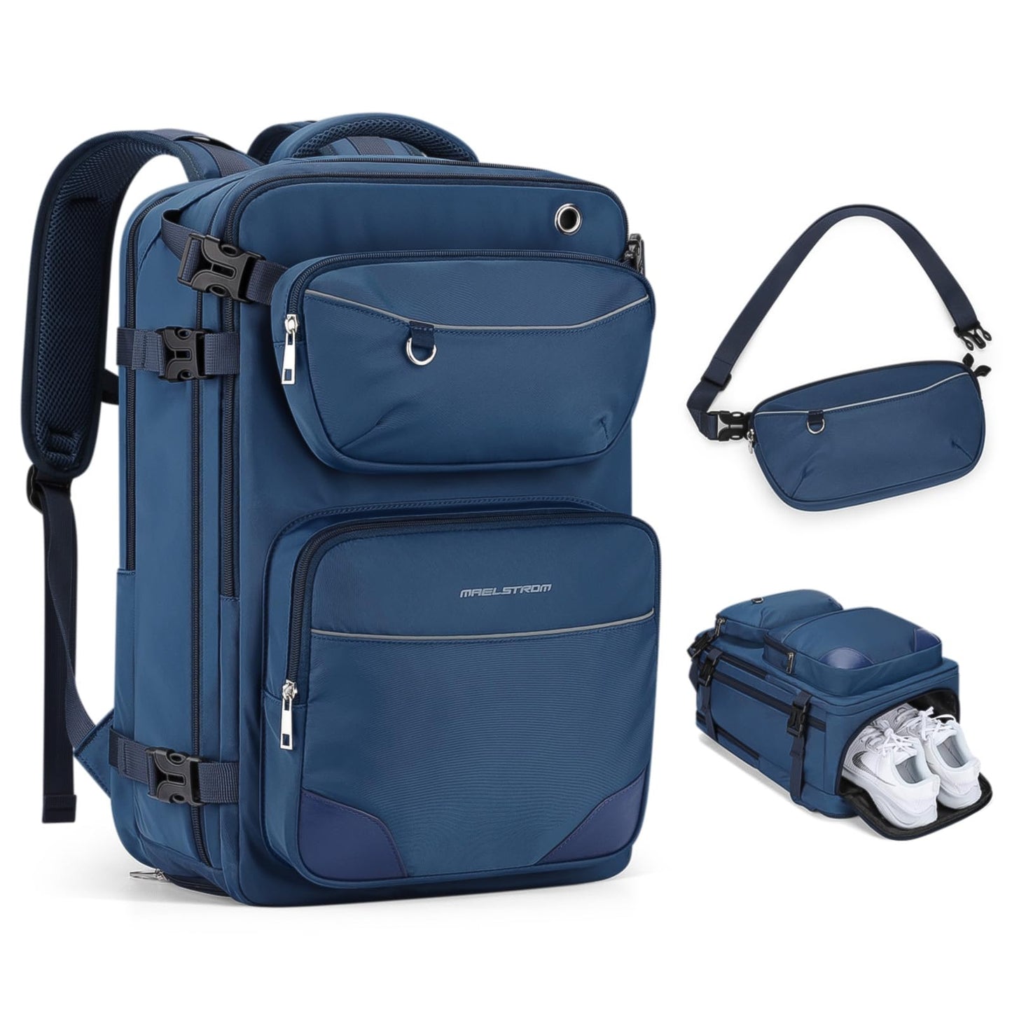 Maelstrom Travel Backpack for Men Women, 35L Carry on Backpack for Traveling on Airplane,with Belt Bag&Shoe Compartment,Waterproof Laptop Backpack fit 17”Laptop-Navy Blue, Large