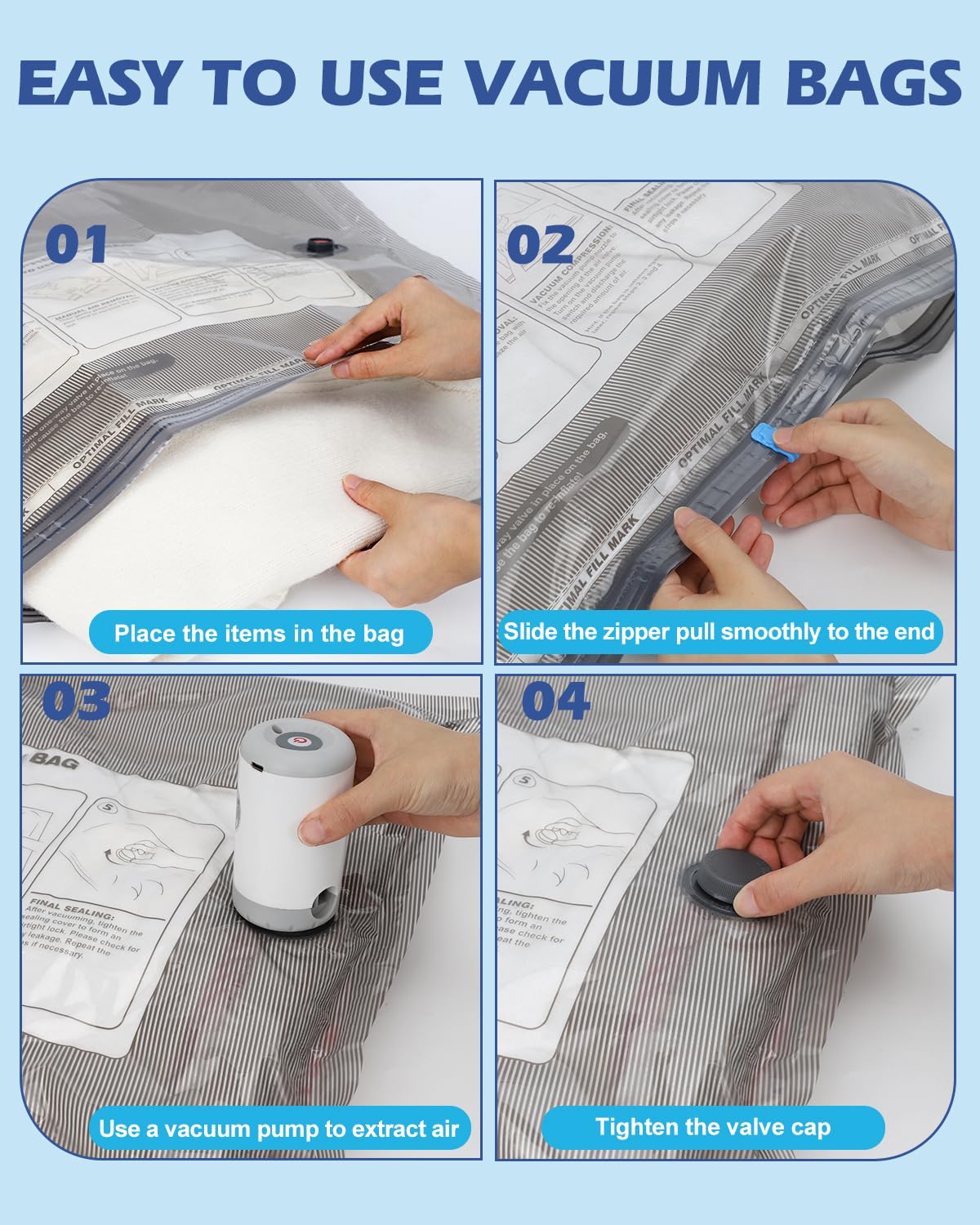 Fantictas Vacuum Storage Bags for Travel 18 Pack Combo Space Saver Bags with Rechargeable Pump Vacuum Seal Bags for Clothing and Clothes Carry-on Size Vacuum Bags for travel Compression Packing Bags