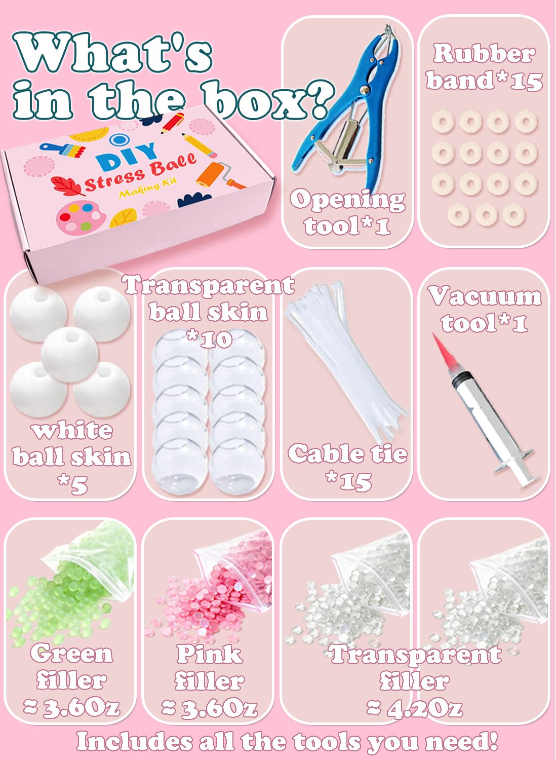 DIY Stress Ball Making Kit 15 TPR Skins, 4.2 oz Fillers, 1 Vacuum Tool, 20 Cable Tie for Create ASMR Anxiety Relief Toys Crunchy Relaxing (15pcs)