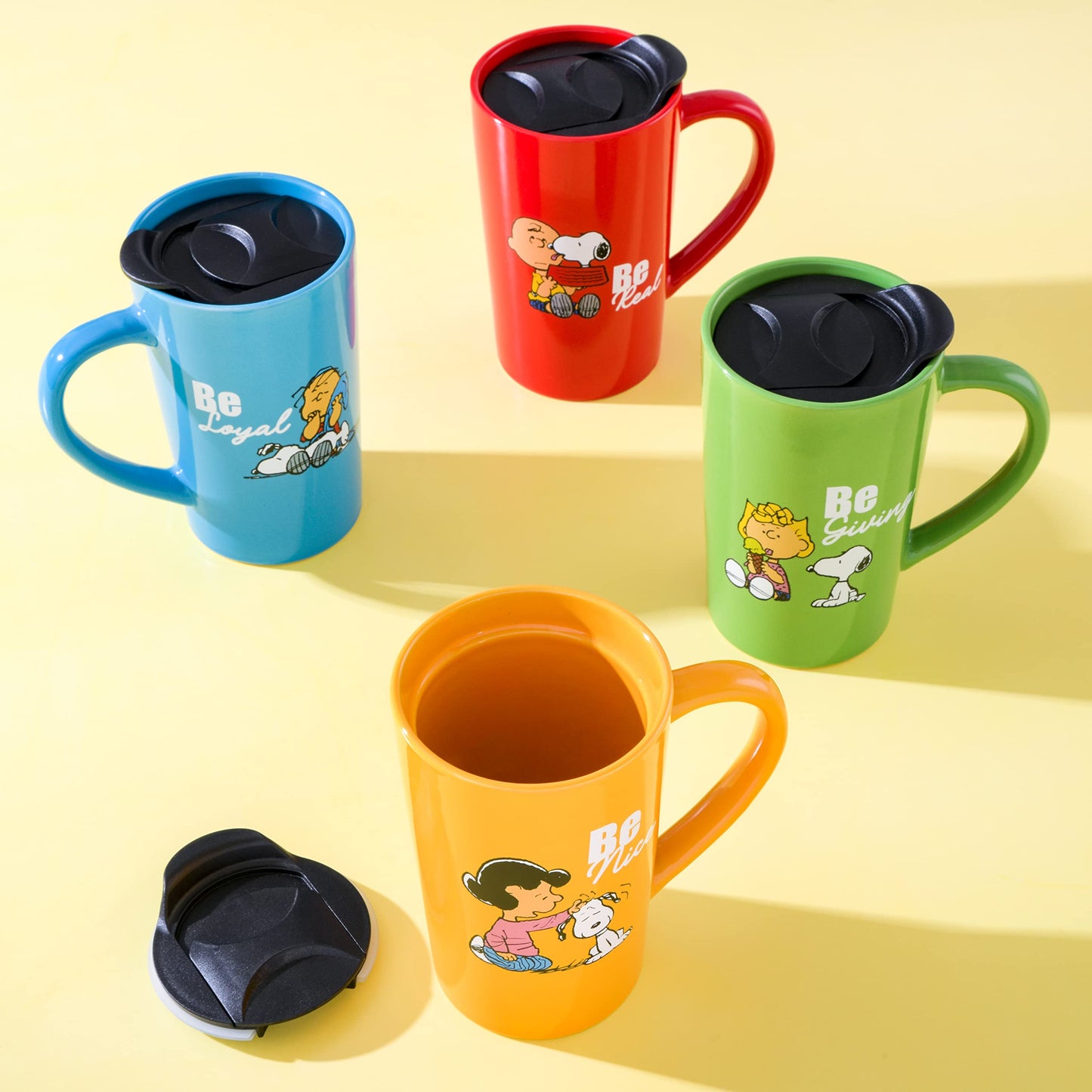 Peanuts Snoopy Gentle Reminders 18oz Stoneware Travel Cups with Lid, 4-Pack, Assorted Colors, Reusable Coffee Mug Set