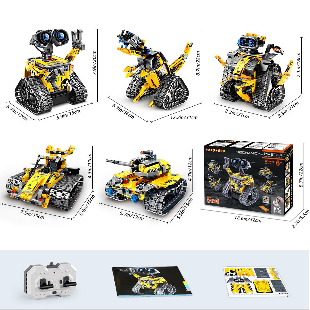 HOGOKIDS Robot Building Toys for Kids - 5 in 1 Remote & APP Controlled Building Set | RC Wall Robot/Engineer Robot/Mech Dinosaur STEM Toys for Boys Girls Age 6 7 8 9 10 11 12+ Year Old (520 Pcs)