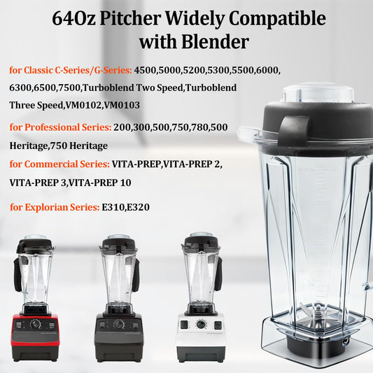 Blender Pitcher 64oz Replacement Container Cup for 5200,6000,6300,5300,6500,7500,750,VM0102, VM0103, Classic C-Series/G-Series/Propel/Professional Series, 2-year full warranty