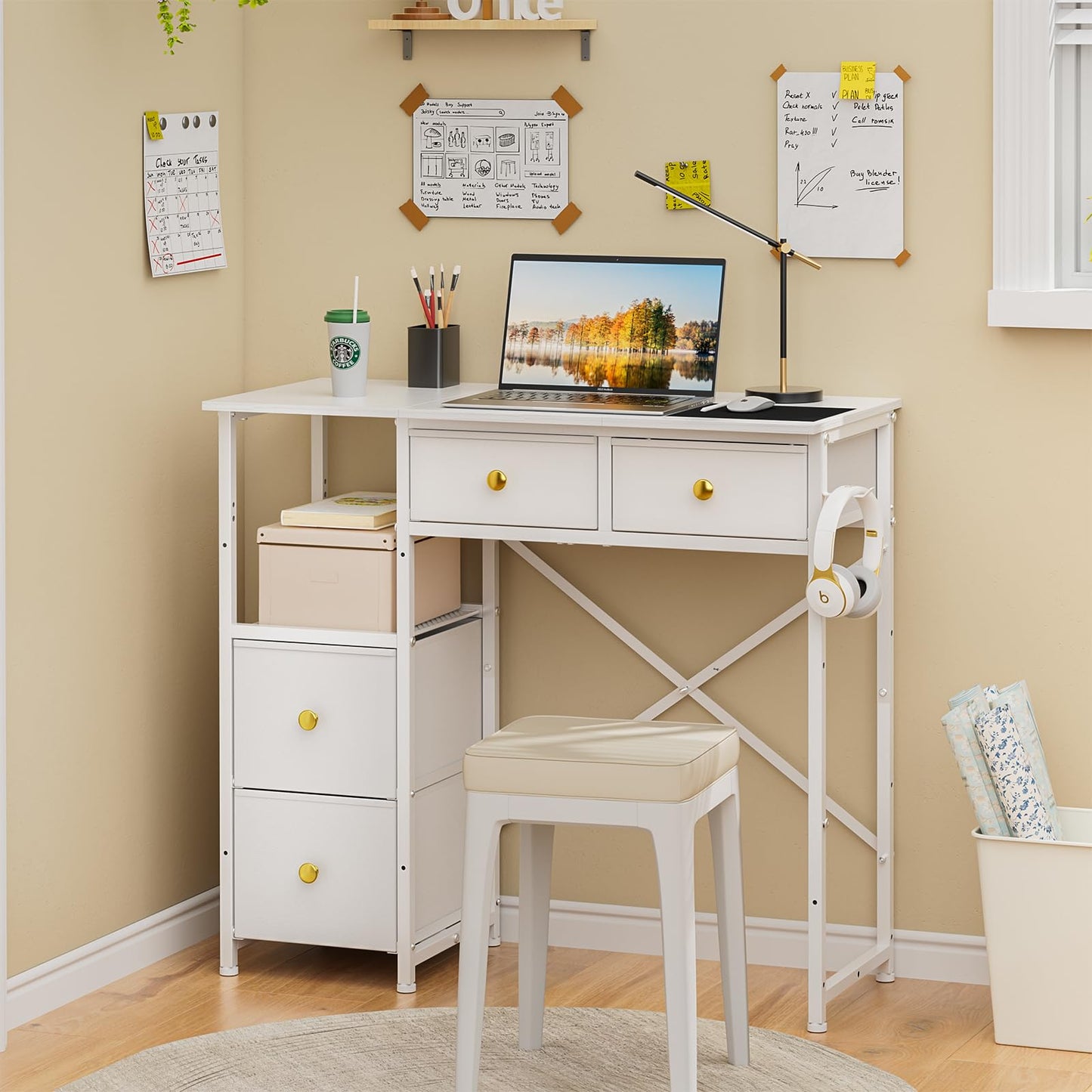 3IngSeagulls Small Computer Desk with 4 Fabric Drawers, Simple Writing Desk for Home Office, Compact Study Desks for Small Spaces, Kids Desk Study for Bedroom, White