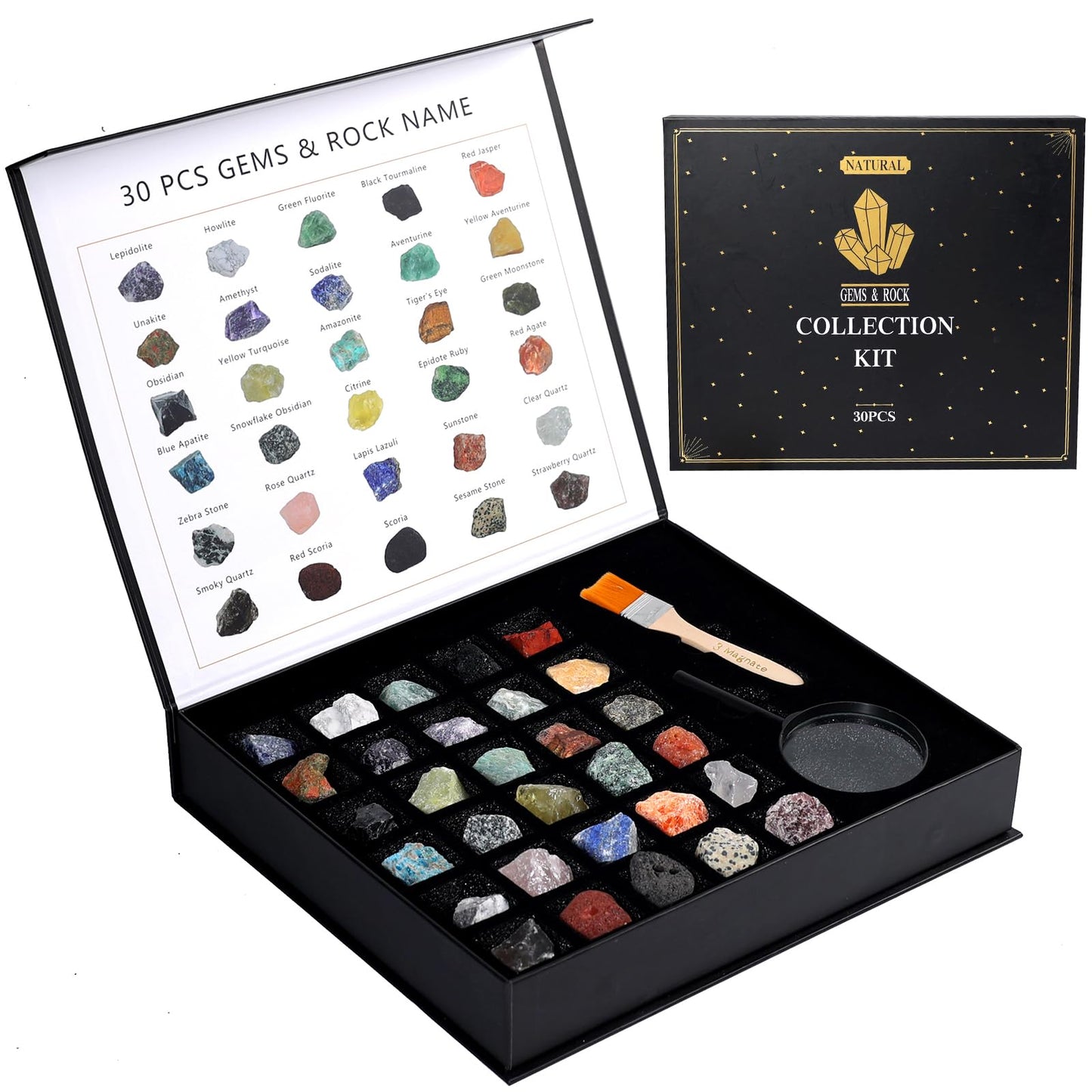 Rock Collection for Kids - 30 Pcs Rocks, Gemstones & Crystals Kit with Learning Guide,Mineral Education Set Geology Science STEM Toys, Earth Science Activity,Gifts for Boys & Girls