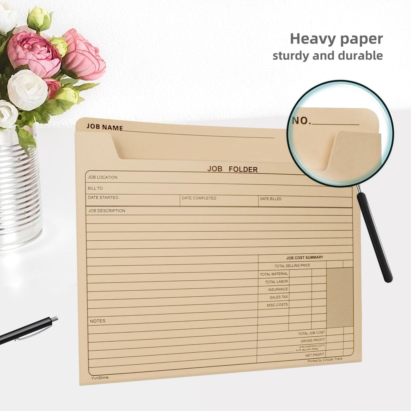 YvnShine 50 Pack Job Folder for Project Management, Heavy Duty Manila File Jacket 10x12 Inch, Preprinted Cost Tracking & Invoice Organization, Construction Project Management Files ﻿