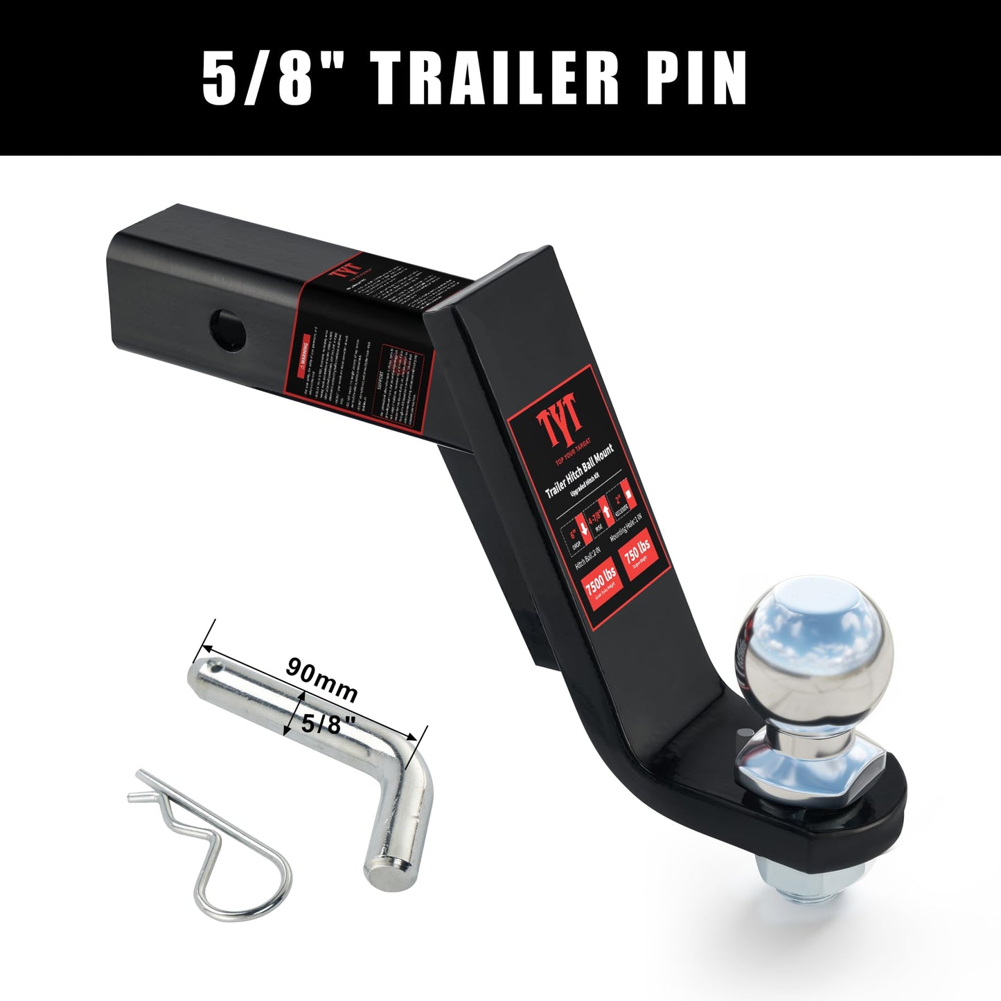 TYT Trailer Hitch Ball Mount Kit, 6-Inch Drop, Fits 2-Inch Receiver, 2-Inch Trailer Ball with 5/8" Hitch Pin Clip, Rated 7,500 lbs GTW / 750 lbs TW