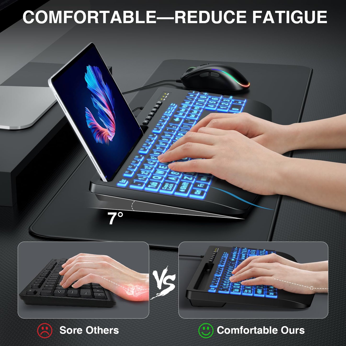 Wired Keyboard and Mouse, Large Print Backlit Keyboard with Wrist Rest and 7-Color Backlit, Lighted Computer Keyboards Easy to See, Light Up USB Keyboard Mouse Combo for PC, Windows, Laptop SABLUTE