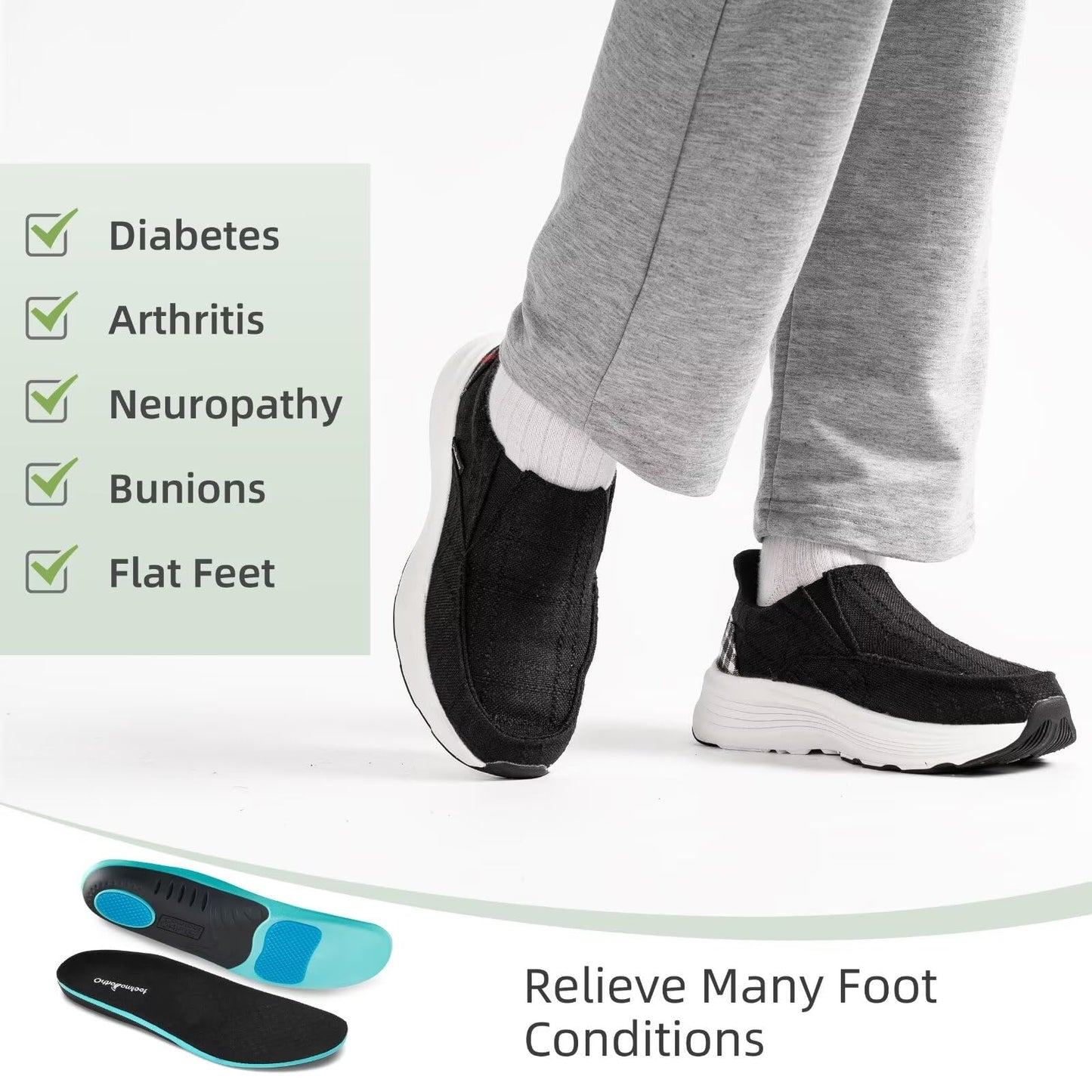 Women's Orthopedic Hands Free Slip Ins Loafers Walking Shoes: Thick Sole Plantar Fasciitis Shoes for Foot Pain Relief, Casual Soft Canvas Loafers with Arch Support for Flat Feet Black Size 9.5