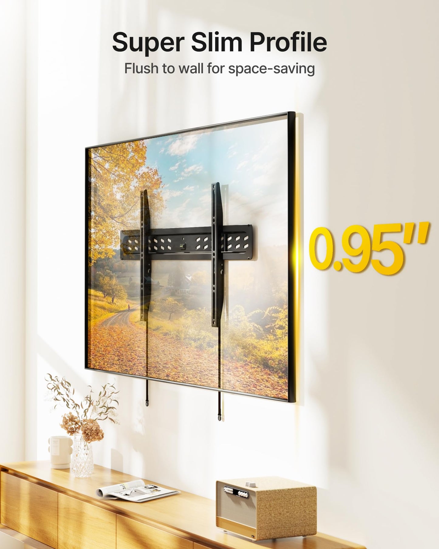 monTEK Ultra Slim Fixed TV Wall Mount Bracket for 43–95" Flat & Curved TVs, Super Low Profile 0.95" from Wall, Holds 150 lbs, Supports VESA 800x400, Fits 16"/18"/24"/32" Studs