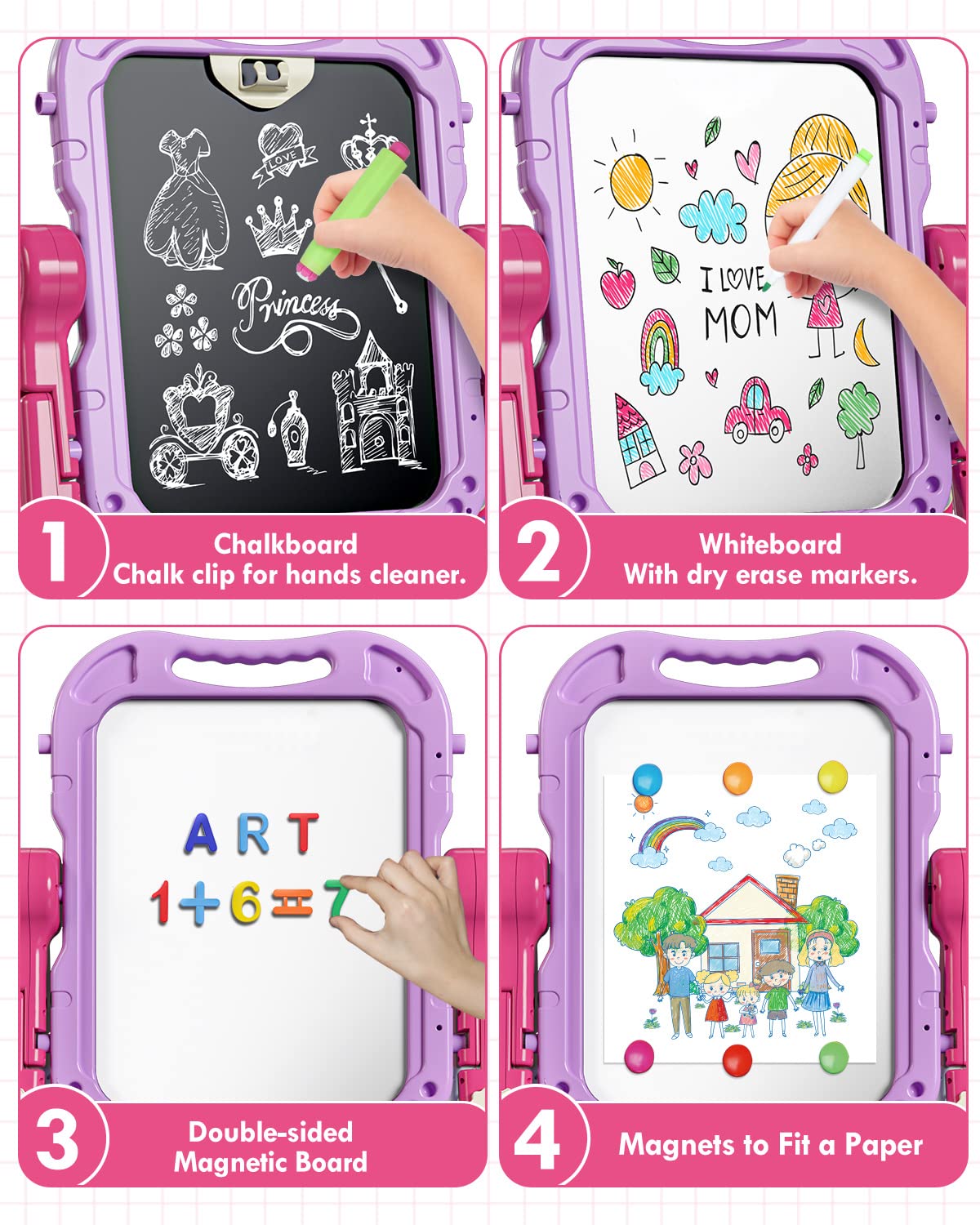 Lehoo Castle Kid Easel, 4 in 1 Double Sided Art Easel with Magnetic White Chalk Board, Adjustable Standing Toddler Easel Board with Painting & Writing Accessories - Gift for Girls