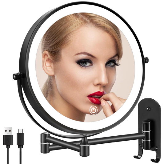 DECLUTTR 9" Wall Mounted Lighted Makeup Mirror, Rechargeable Double Sided 1X/10X Magnifying Mirror with 3 Color Lights, Dimmable 360°Swivel Vanity Mirror with Hook for Bathroom, Black
