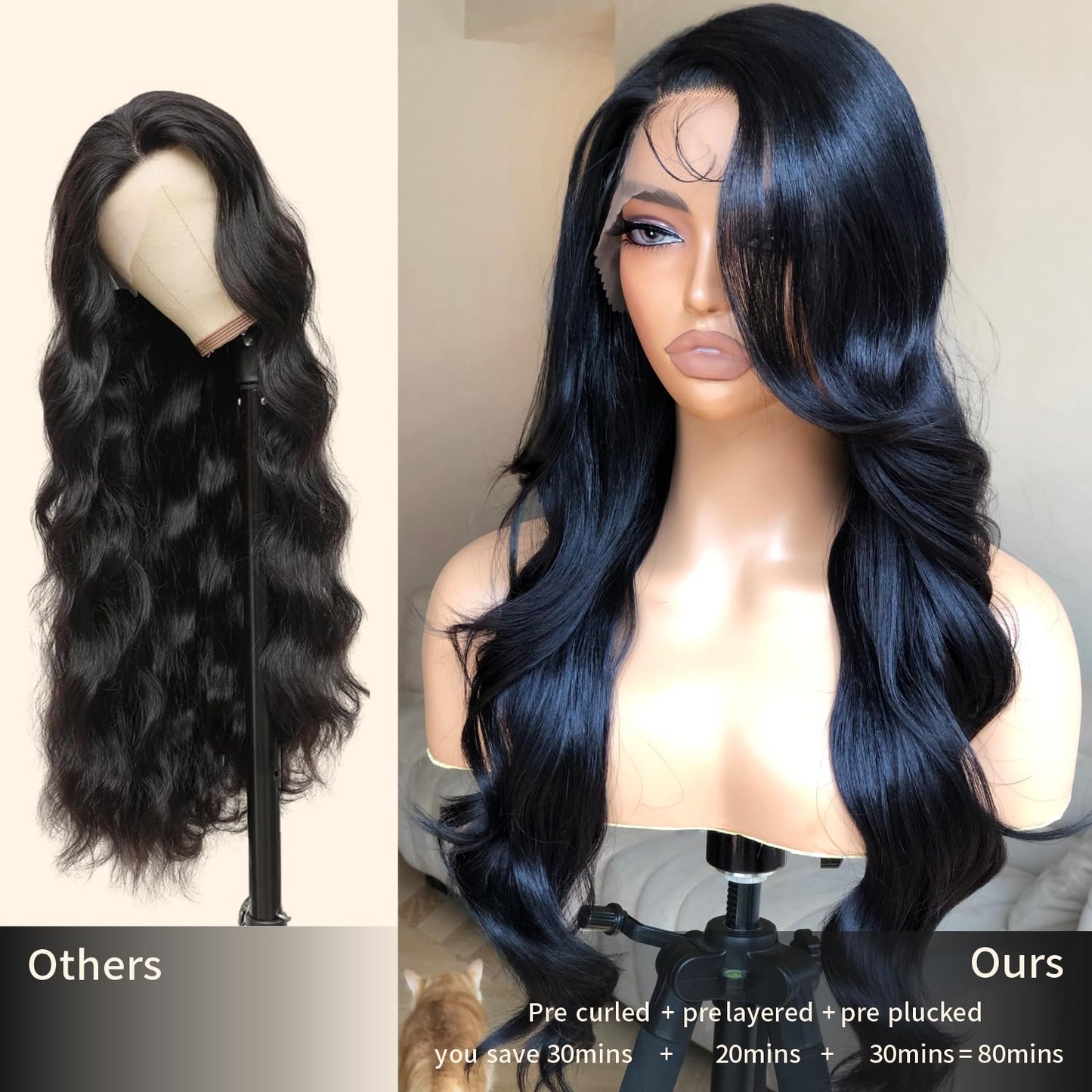 BrownBomb Bombshell Body Wave Wig, Synthetic Lace Front Wig Pre Plucked Glueless Ready to Wear, 13X5X1 Side Part HD Lace Wigs for Women 24inch, 1B Jet Black Wig Human Hair Luster