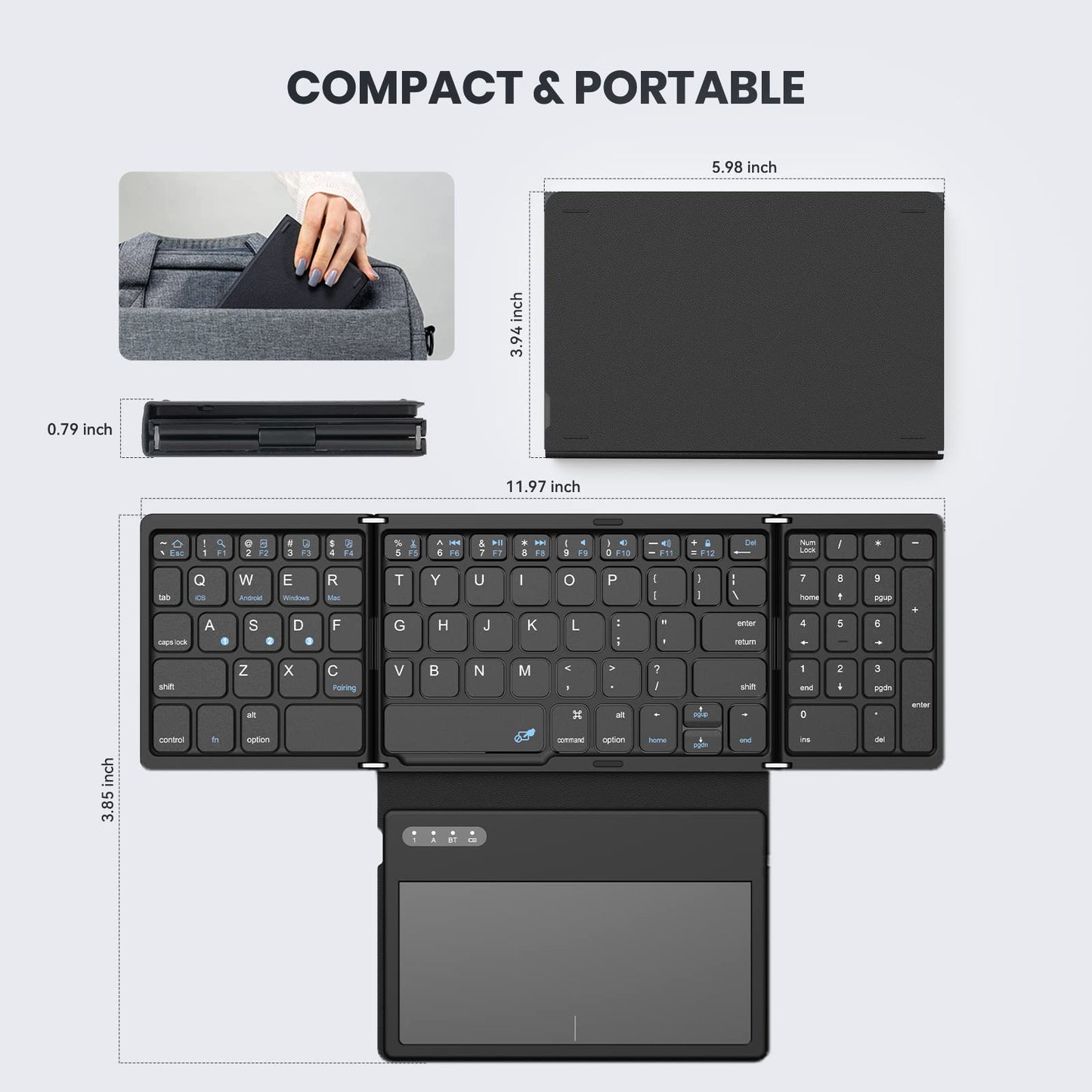 GEODMAER Foldable Bluetooth Keyboard, Portable Full Size Folding Keyboard with Large Touchpad, Numeric Keypad, PU Leather, Wireless TravelKeyboard for Windows Android Mac(Sync up to 3 Devices)