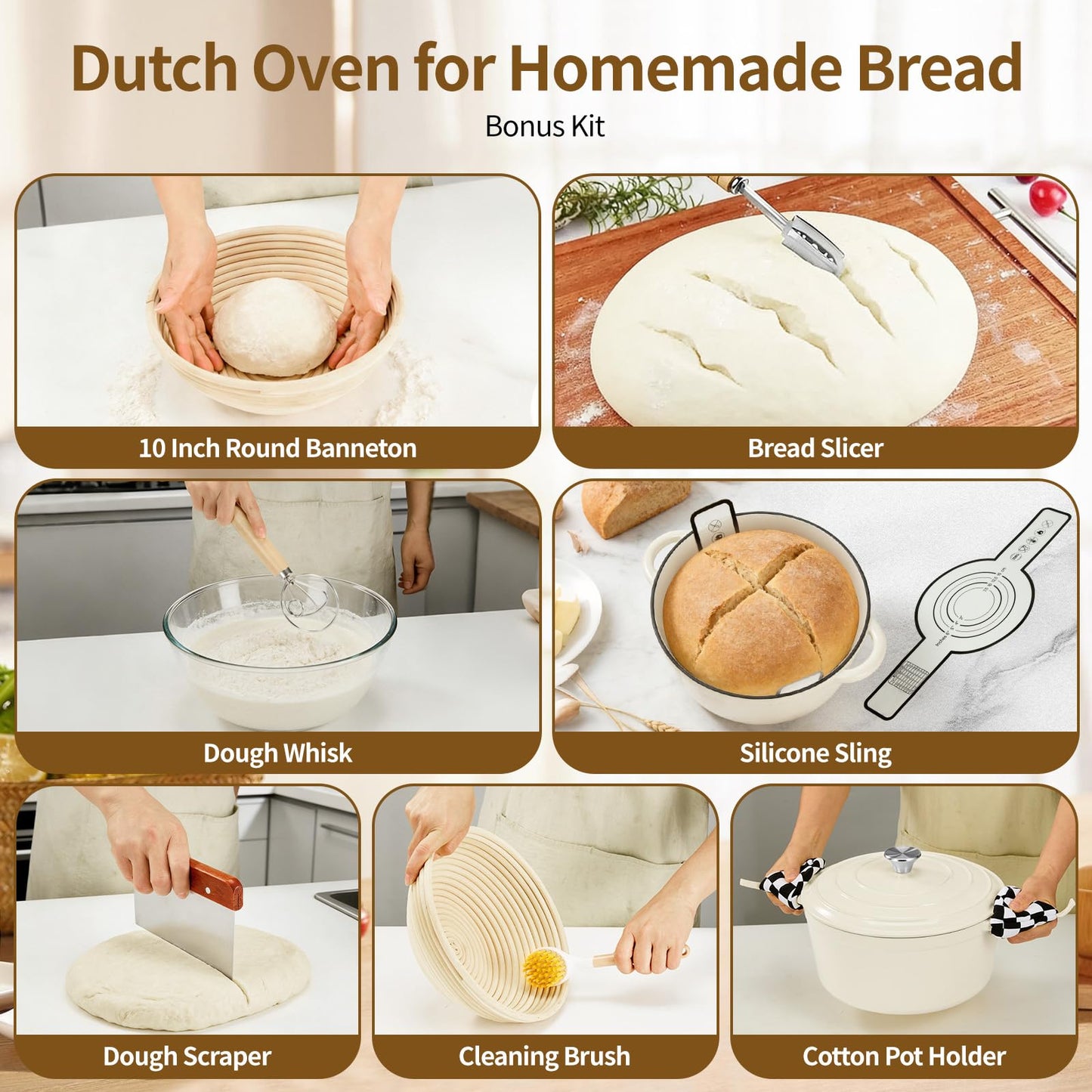 Blingco Enameled Cast Iron Dutch Oven with Lid -6.5 QT, incl. Sourdough Bread-Baking Supplies like Banneton Proofing Basket, Heavy Duty Cookware Bread-Oven for Baking, Stews, and Roasting, Cream White