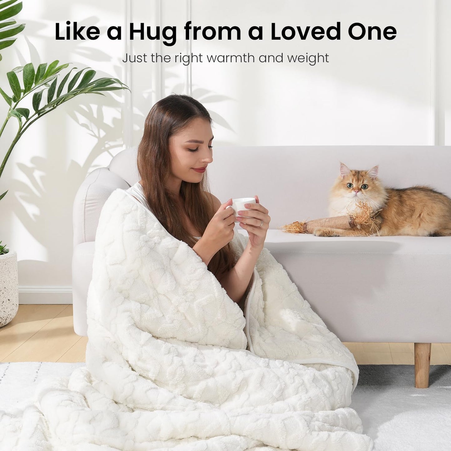 Drewin Weighted Blanket 15lbs Queen Size, Soft and Thick Jacquard Sherpa Throw Blanket for Calm and Relax, Dual Sided Ultra Cozy Fluffy Heavy Blankets with Ceramic Beads, 60 x 80 inches, Cream White