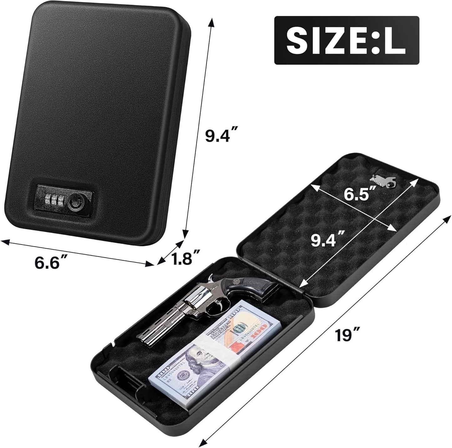 Sgorlds Portable Travel Gun Safe for Handgun and Valuables, 2 Pack Handgun Safe with Handbag, Pistol Lock Box for Car, 9.4" x6.6" x1.8", Black