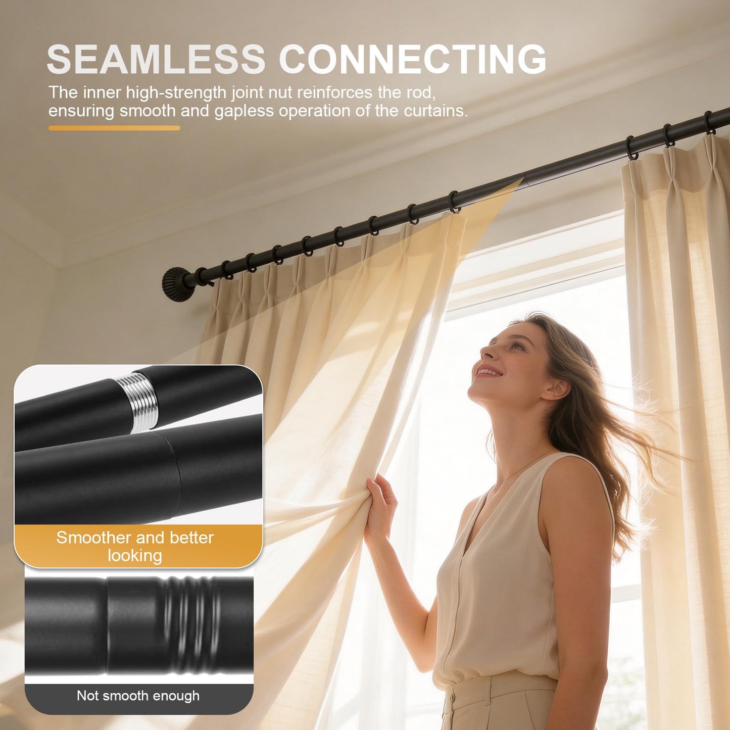Heavy Duty Steel Curtain Rod Adjustable 32-240 Inches, 1 Inch Diameter Curtain Rod for Wide Windows - Black Space-Saving Design with Brackets