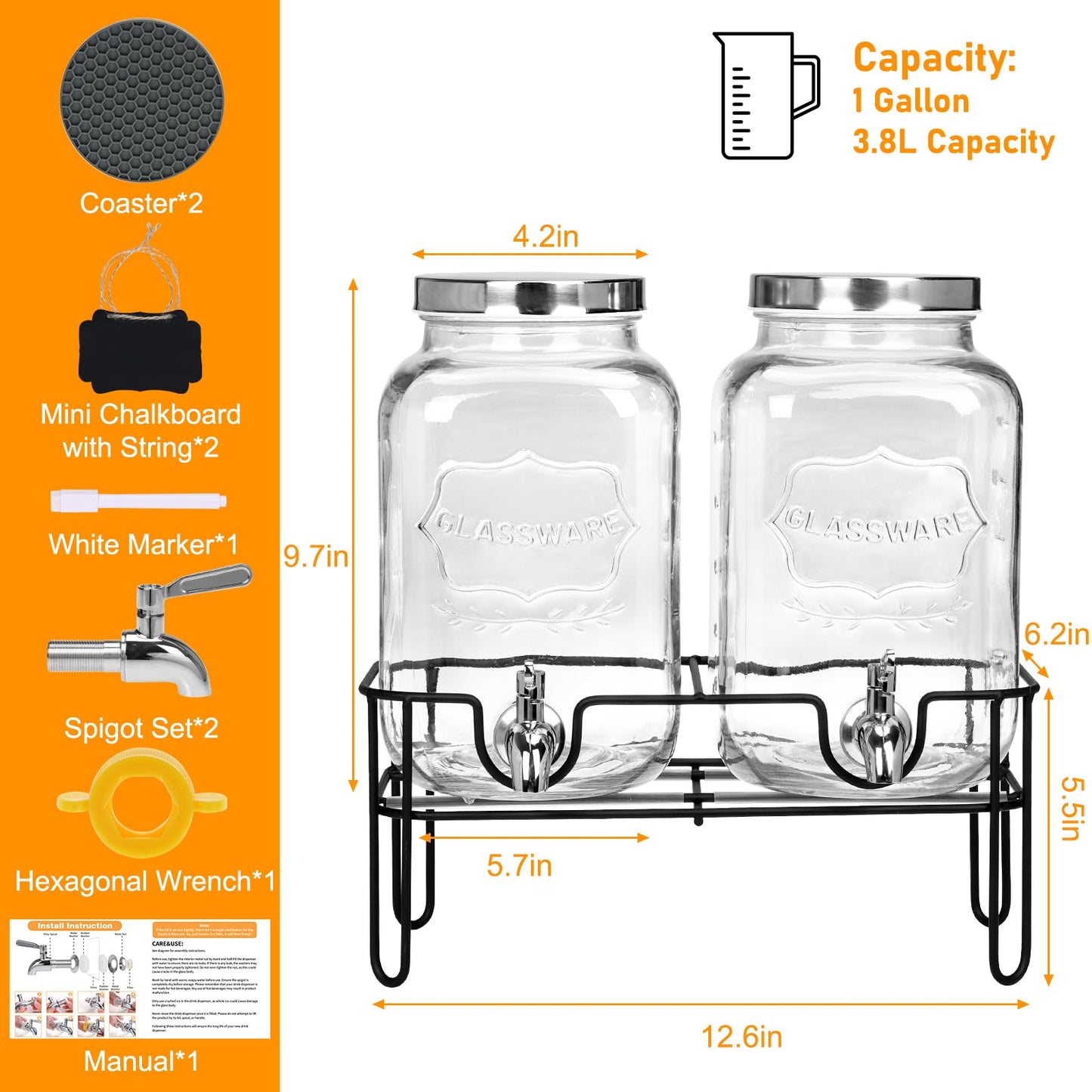Moretoes 2 Gallon Glass Drinks Dispenser for Parties, 2 PACK Beverage Dispenser with Stand for Juice and Iced Tea, Water Jug Dispenser for Lemonade, Party Essential Beverage Pitcher with Spout