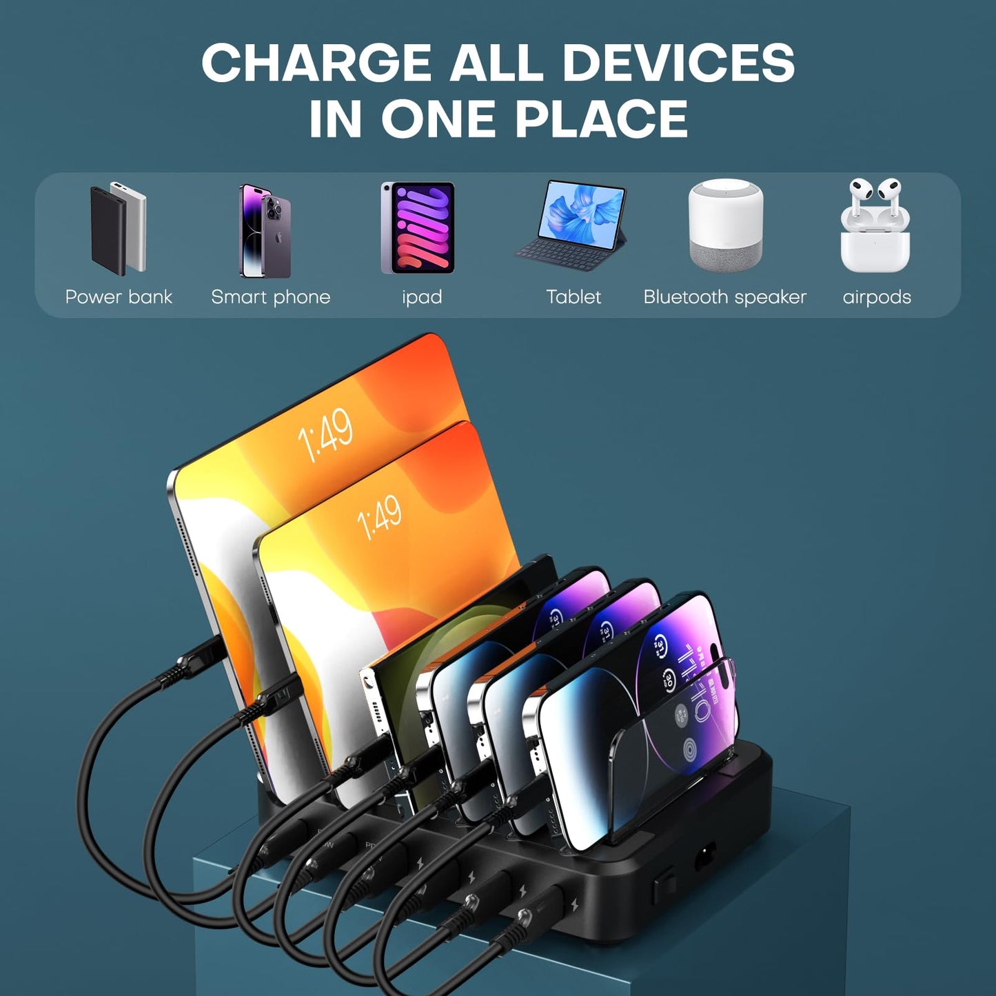 Charging Station for Multiple Devices,65W 6 Port USB C Charger Station with 2 20W PD USB C Port, 6 Short Cables Included,Compatible with iPhone iPad,Tablets Android and More (Black)