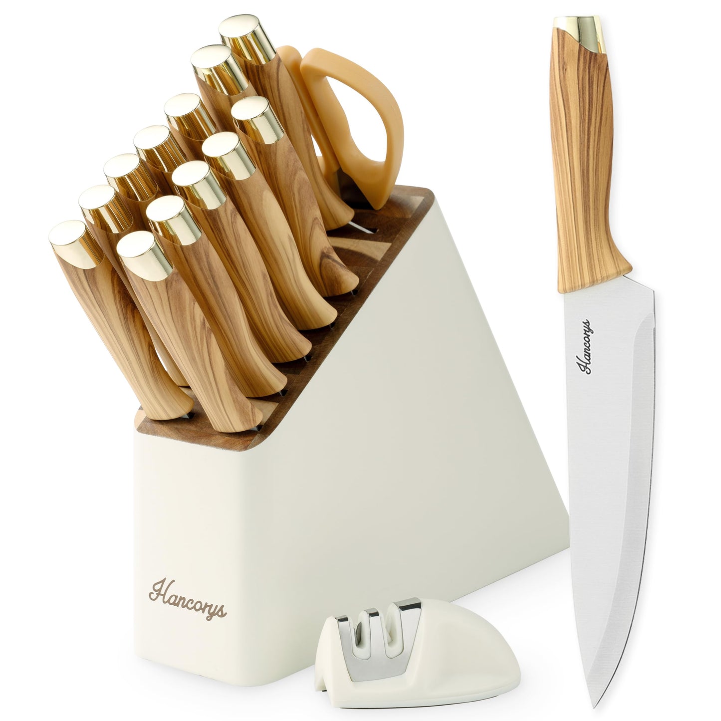Hancorys Knife Block Set, Kitchen Knife Set with Sharpener, German Stainless Steel Gold Knives Set with Block and Ergonomic Wood Grain Handle, Ultra Sharp Cooking Knives