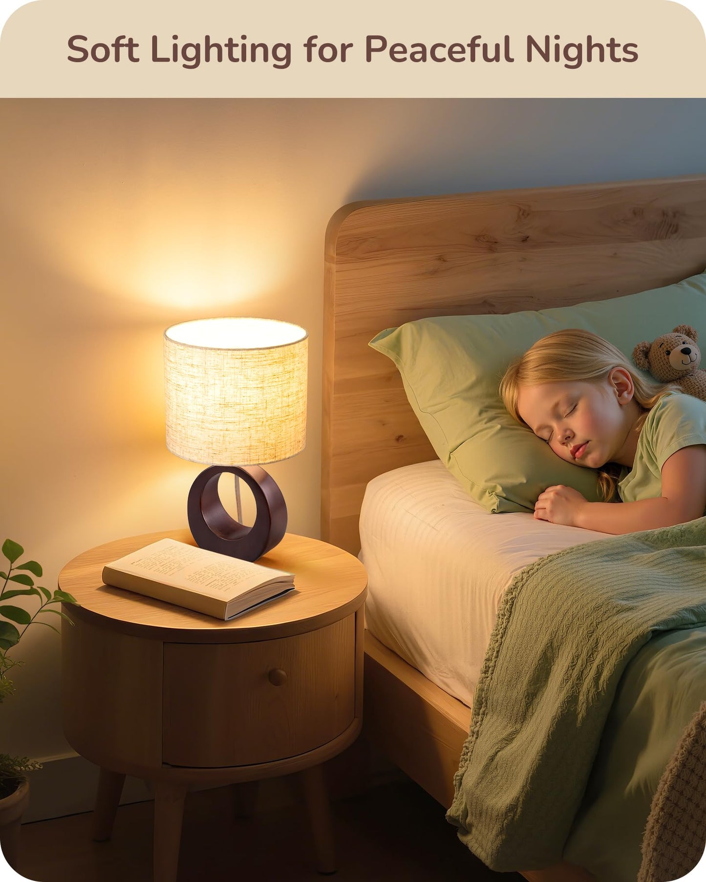 EDISHINE 13.4" Samll Wood Table Lamp, Modern Bedside Lamp with Beige Linen Lampshade & ON-Off Switch, E26 Base, Nightstand Lamp for Living Room, Bedroom, Dark Walnut