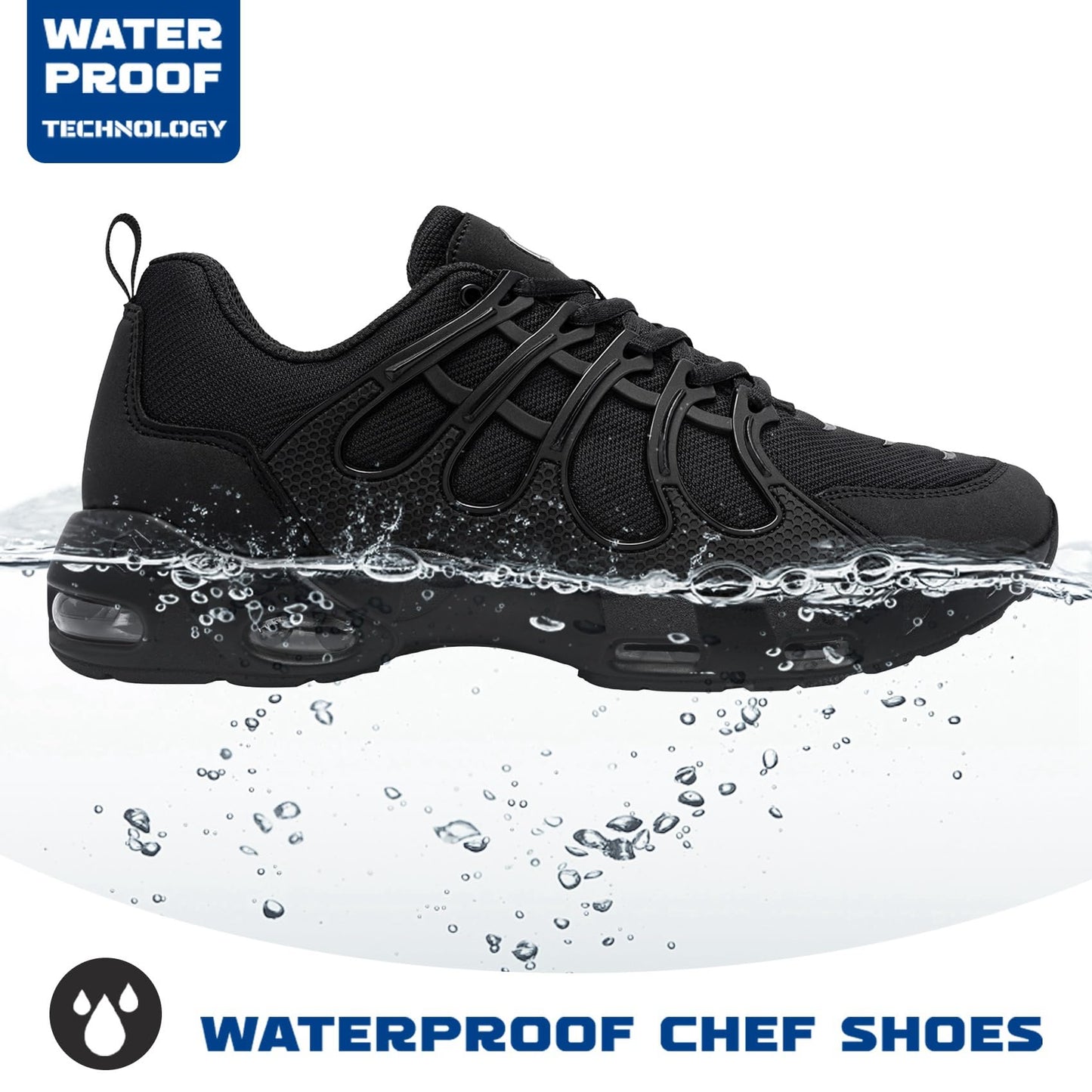 LARNMERN Waterproof Slip Resistant Work Shoes for Men Sneakers Working Chef Kitchen Restaurant Mens Slip Resistant Working Footwear Casual Air Cushion, Black 7.5