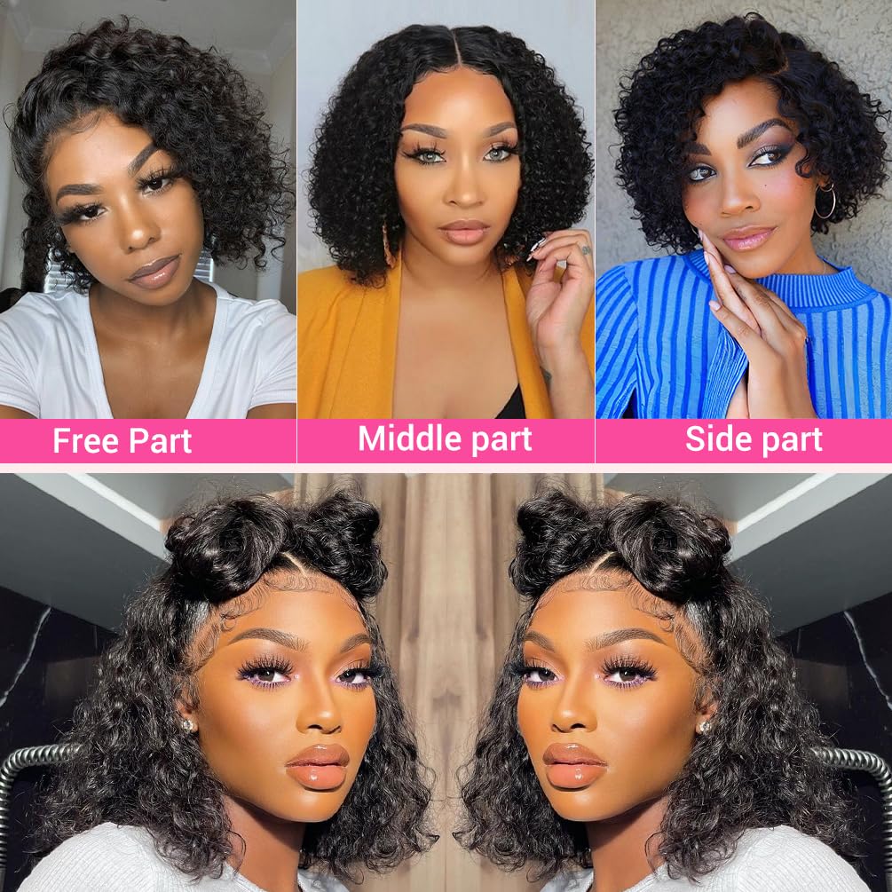 Amygirl Wear and Go Glueless Wigs Human Hair Pre Plucked Pre Cut Bob 4x4 Curly Wave Lace Front Wig 180% Density No Glue Human Hair Wigs for Black Women, Natural Black 1B, 8 Inch
