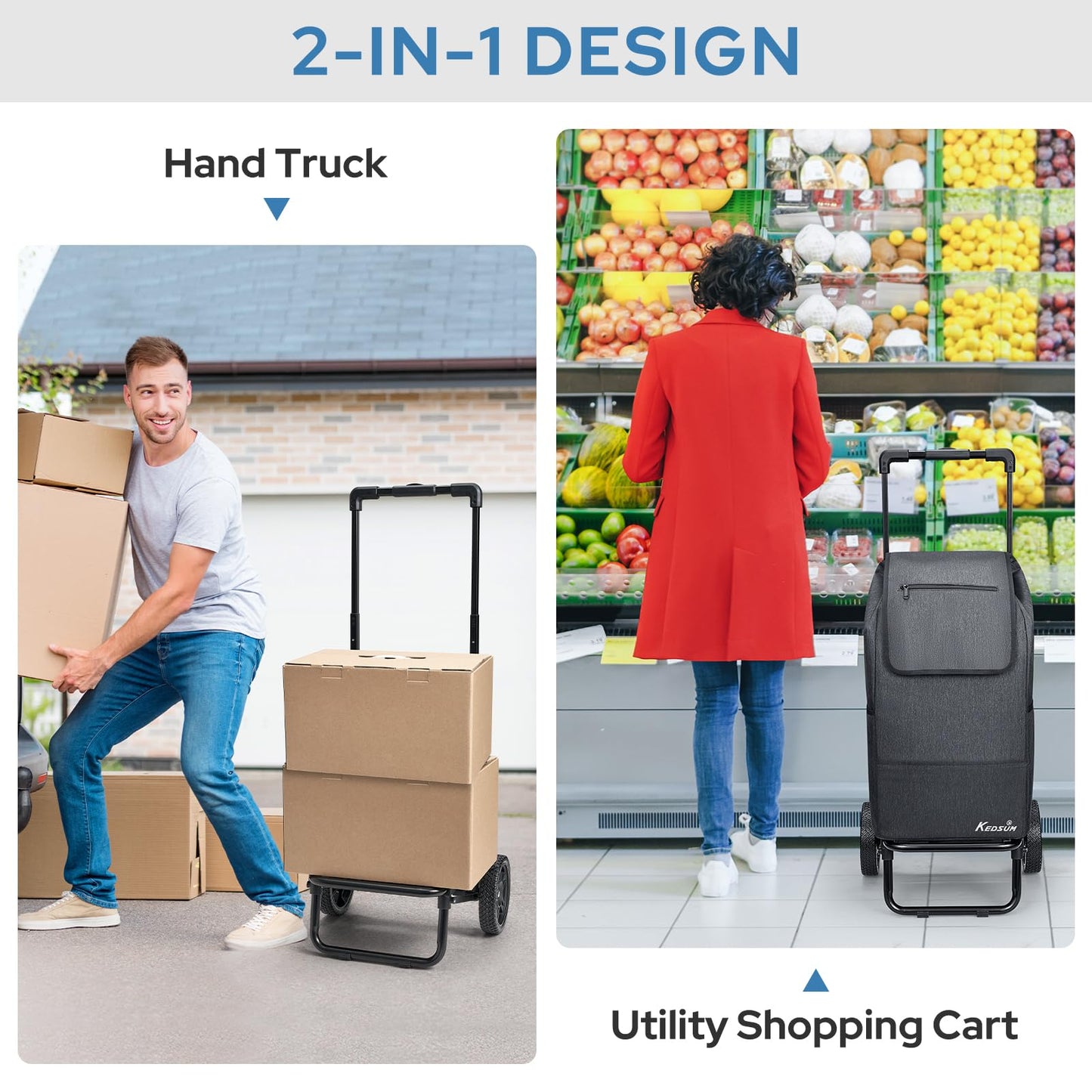 KEDSUM 2 in 1 Shopping Cart for Groceries, 330 lbs Grocery Cart on Wheels, Foldable Utility Carts with Wheels, Hand Truck with Waterproof Tote Bag for Shopping, School, Laundry, Craft Show, Black