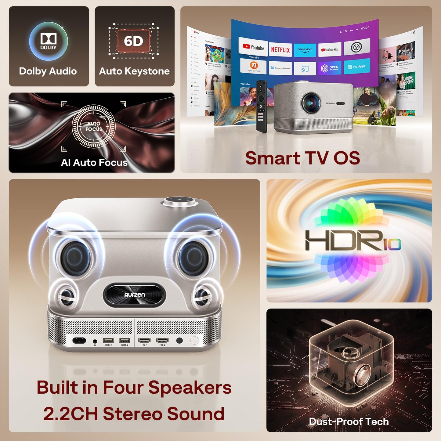 3-in-1 Outdoor Projector 4K Supported, AURZEN BOOM 3 Smart Projector with WiFi and Bluetooth, 3D DoIby Audio & 36W Speakers, Auto Focus & Keystone, Netflix Official 500 ANSI Home proyector, Gold