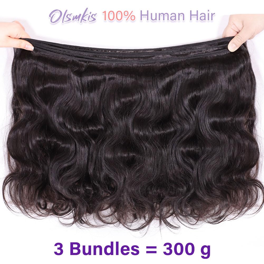 Olsmkis Body Wave Bundles Human Hair 18 20 22 Inch 3 Bundles Human Hair 300g 100% Unprocessed Brazilian Virgin Raw Hair Extensions Natural Black Weave Real Human Hair Bundles for Women