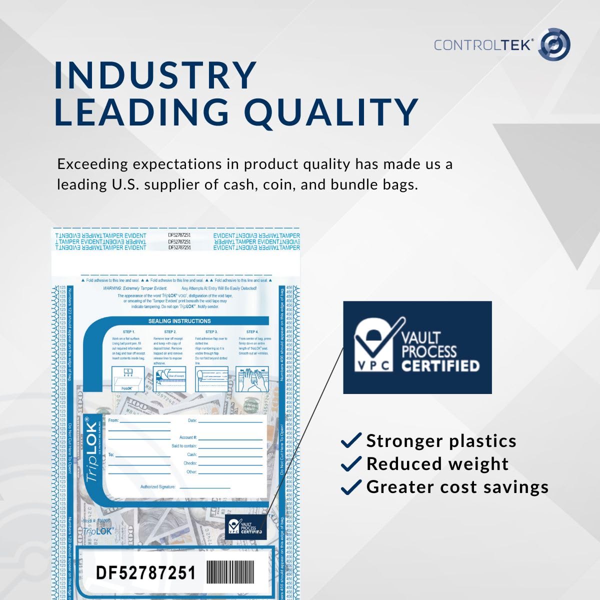 ControlTek TripLok Tamper-Evident Deposit Bags, Clear, 12" x 16", 100 Bags