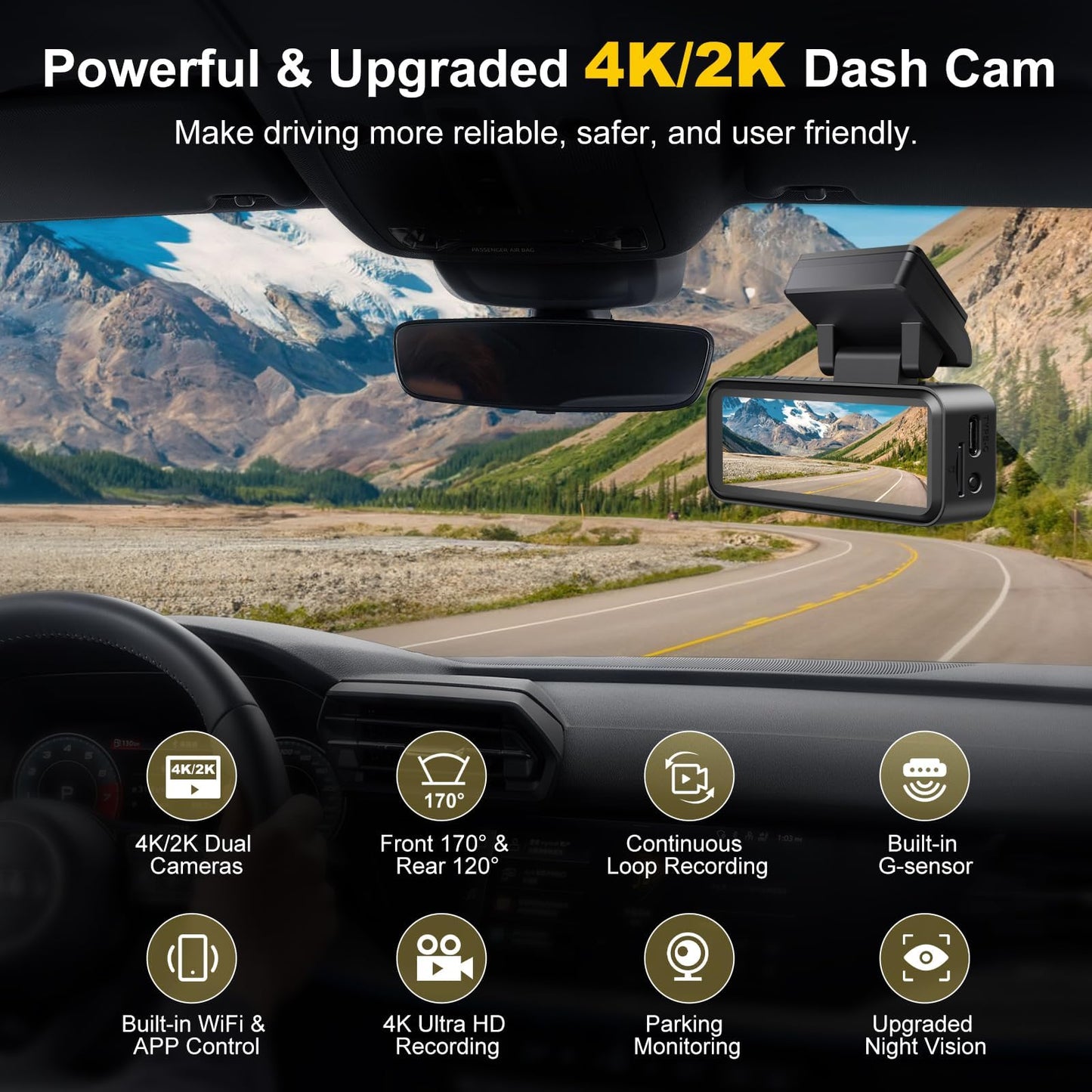 Dash Cam, 4K+2K Full HD Dash Cam Front and Rear, Dash Camera for Cars with Built-in 5GWiFi, 3.2” IPS Screen Dashcam, with 64GB Card, Night Vision, Loop Recording, G-Sensor, Parking Mode