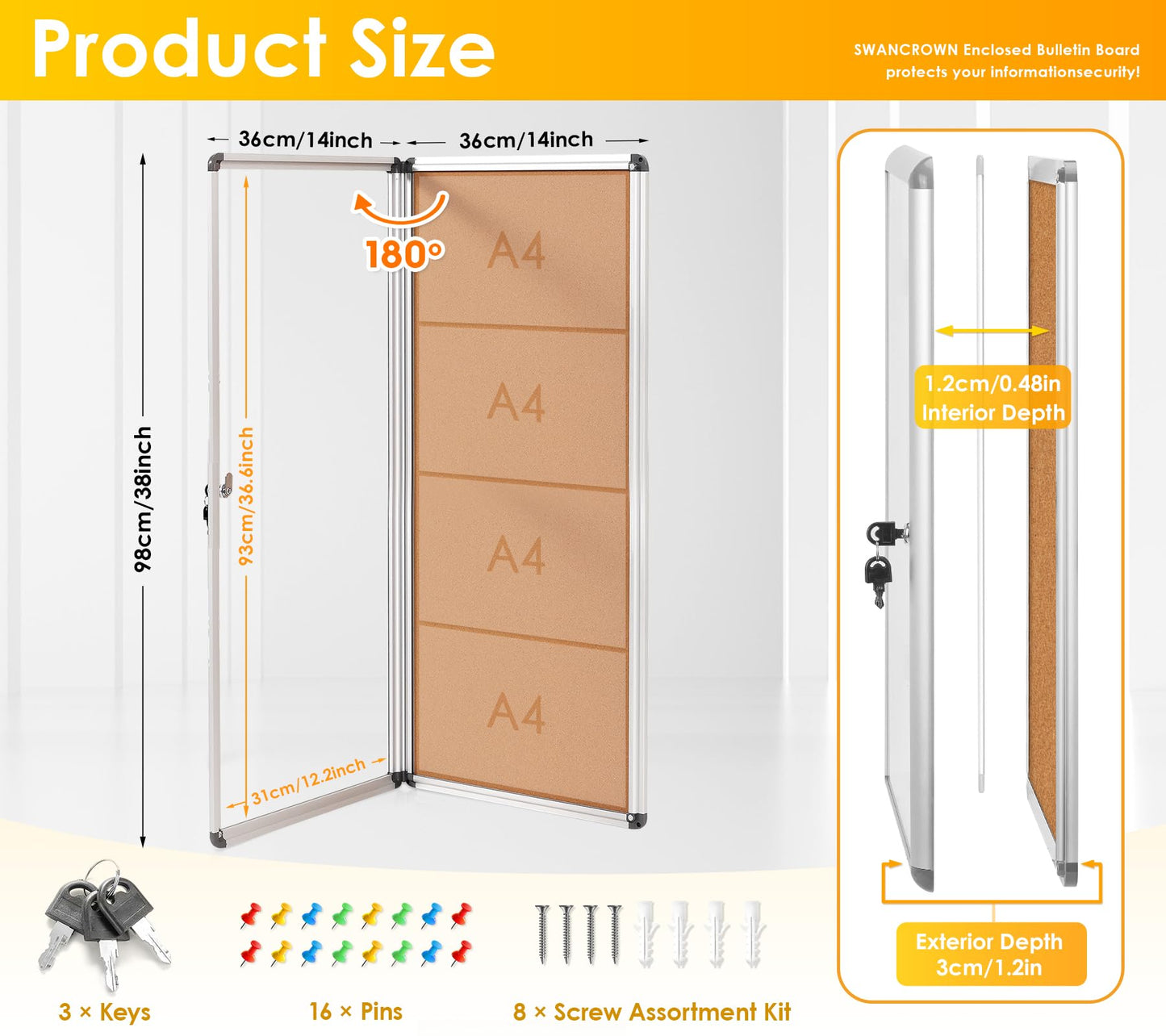 SWANCROWN Locking Bulletin Board Tamper-Proof Notice Board Cork Display Case Wall-Mounted for K12 Office Dentists, 38x14 inch