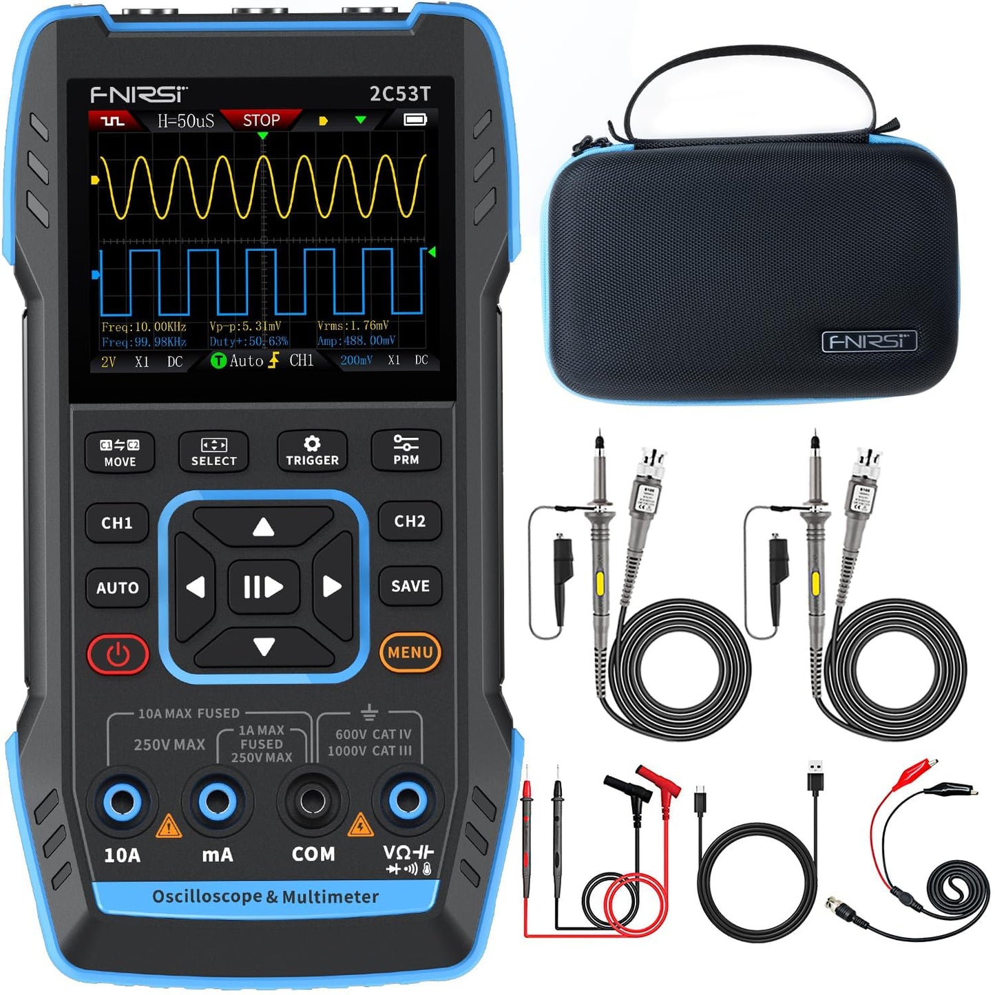 2C53T 3-in-1 handheld oscilloscope multimeter DDS generator, 2 channel, 50MHz bandwidth, 250MSa/s sampling rate, 20,000 calculations, voltage, current, capacitance, resistance, 2* P6100 probes