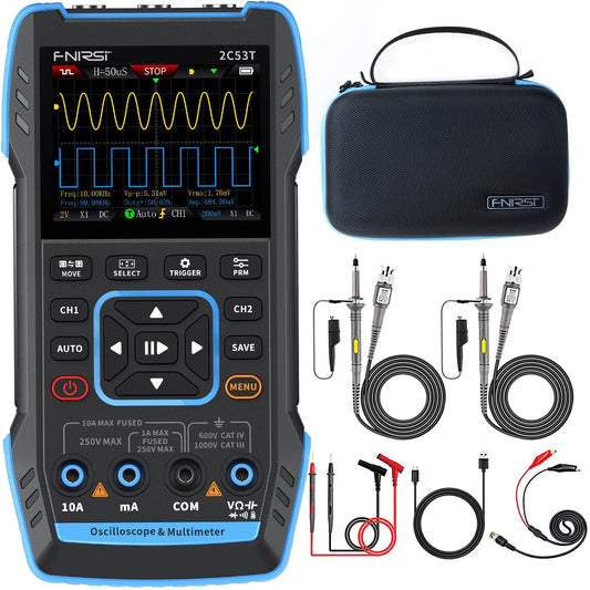 2C53T 3-in-1 handheld oscilloscope multimeter DDS generator, 2 channel, 50MHz bandwidth, 250MSa/s sampling rate, 20,000 calculations, voltage, current, capacitance, resistance, 2* P6100 probes