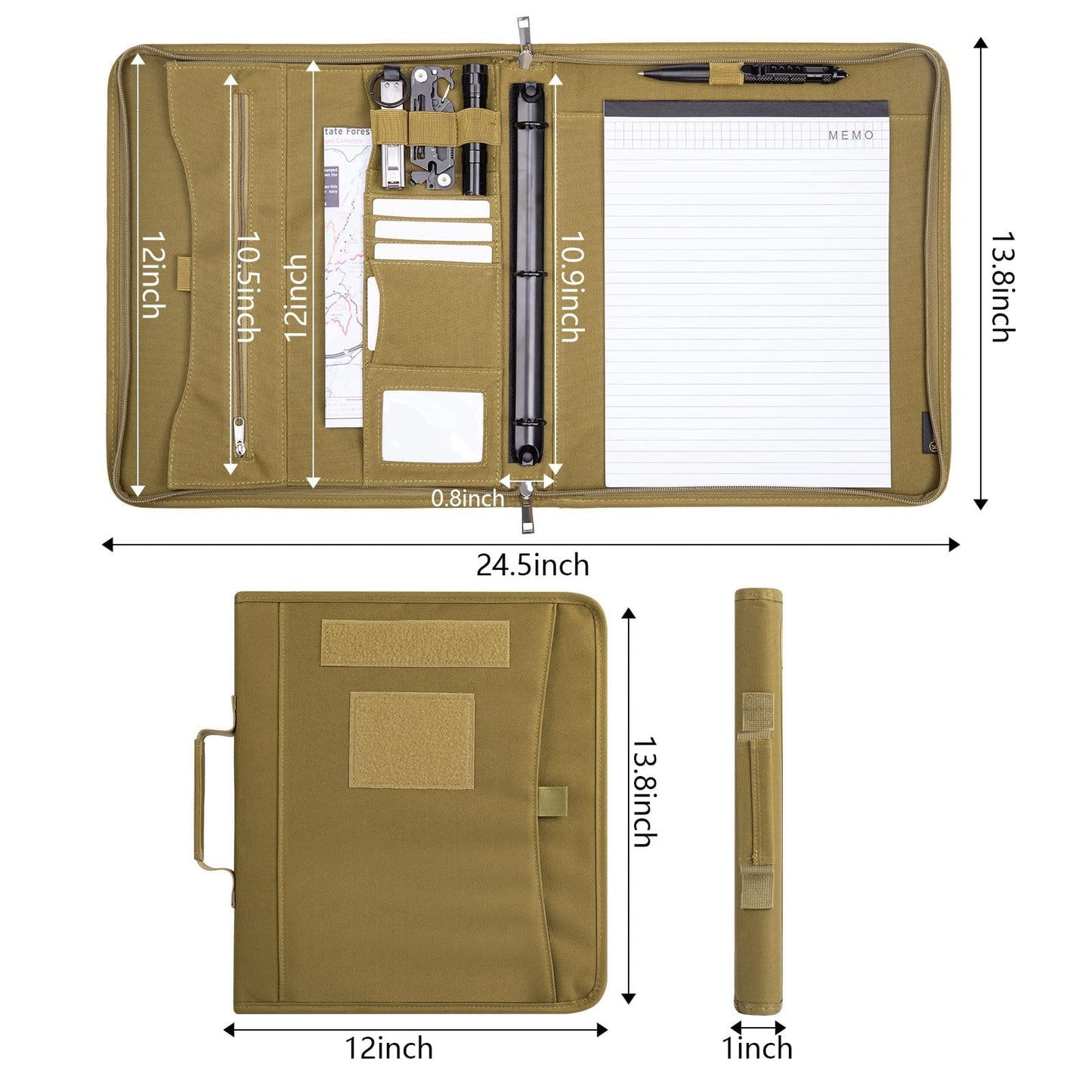 Kosibate Tactical Padfolio Portfolio Binder with Zipper and 25 Sheets of Letter Size Paper,Notebook Cover,Tactical Notebook with Zippered for Folders,Detachable 3-Ring Binder(A4,Khaki,13.5X 11.5Inch)