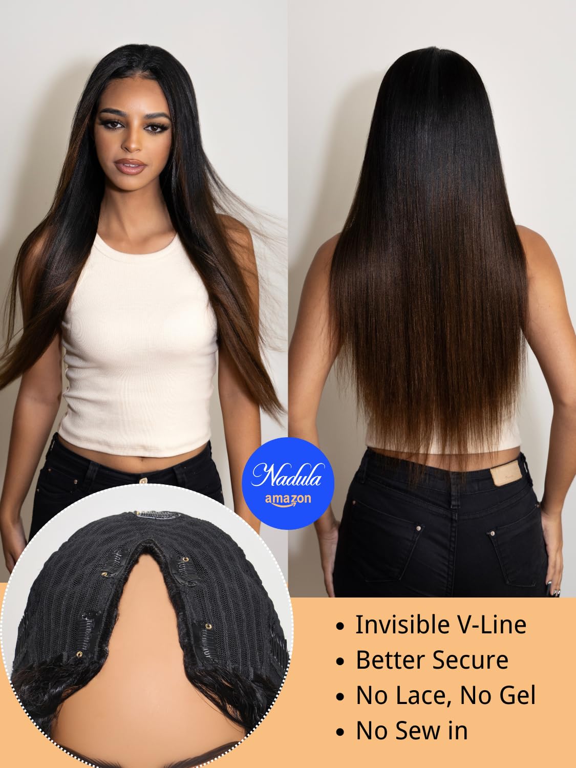 Nadula V Part Yaki Straight Glueless Wig Human Hair Balayage Brown Upgraded U Part Wigs, Highlight Straight V-part Wigs V Shape Clip in Half Wig No Glue Wear and Go No Leave Out 16inch