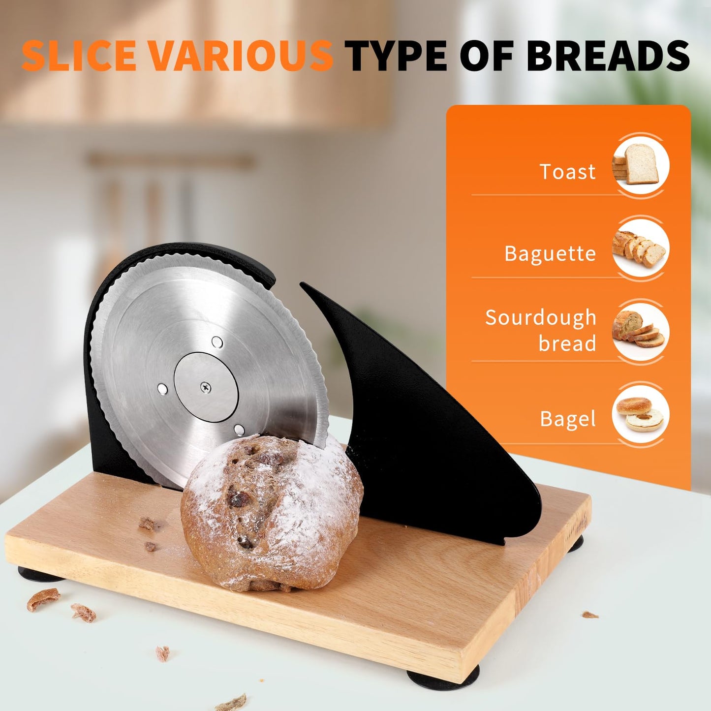 Manual Bread Slicer for Homemade Sourdough Bread, Hand Crank Bread Slicer With Scale Line, Suction Cups and Quality Solid Wood Base, Adjustable Thickness, Evenly Slice