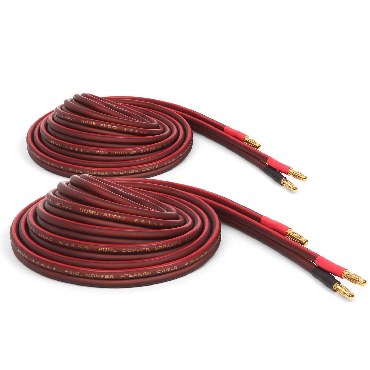 Micca 14 Gauge Pure Copper Speaker Wire, 12 Feet (4 Meters 13.1ft Actual), 2 Pack Pair, Gold Plated Banana Plugs Connectors, Soldered Construction, Slim Design, 245 Strands, For Stereo or Home Theater