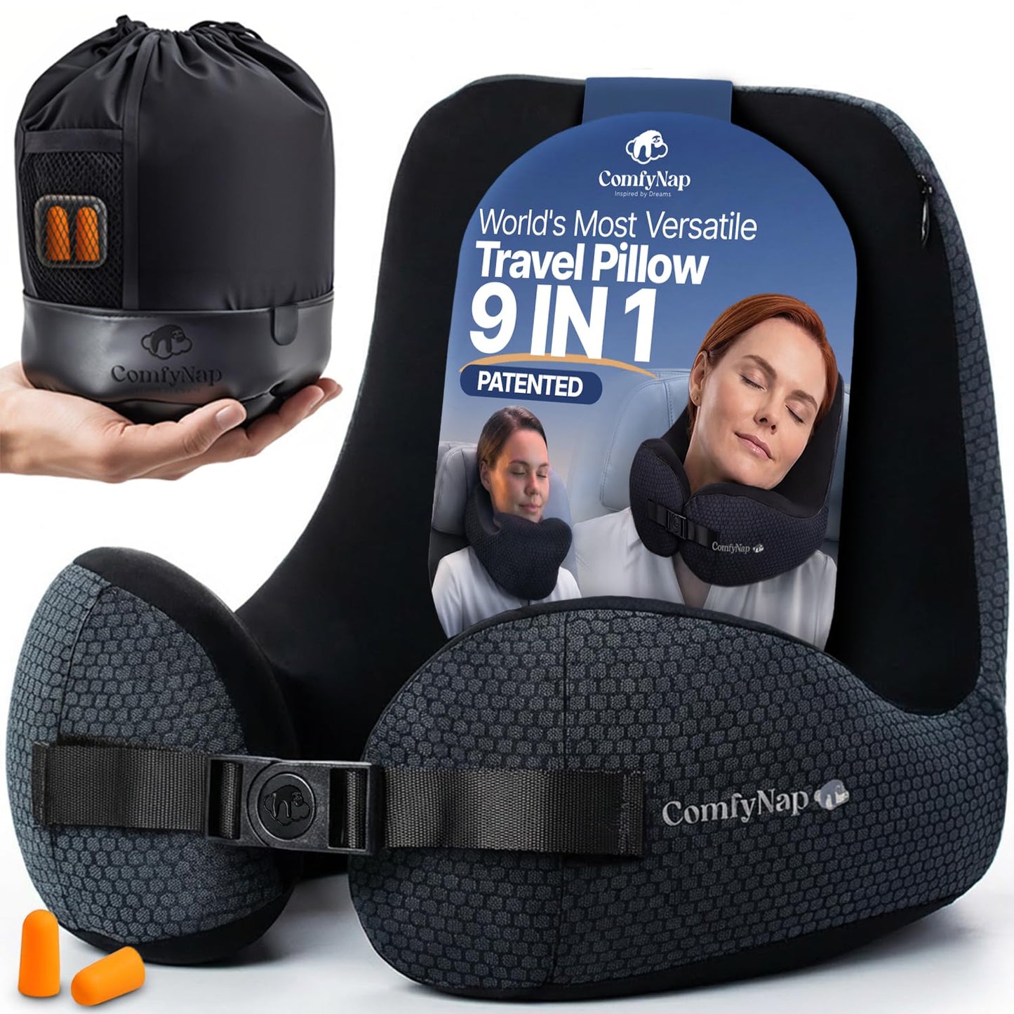 ComfyNap® Versatile Travel Neck Pillow for Airplane [Patented], 9 Positions in 3 Techniques, Plane Pillow with Pure Memory Foam, Travel Pillow with HeadRest Flight Sleep, Travel Essential - Mercury