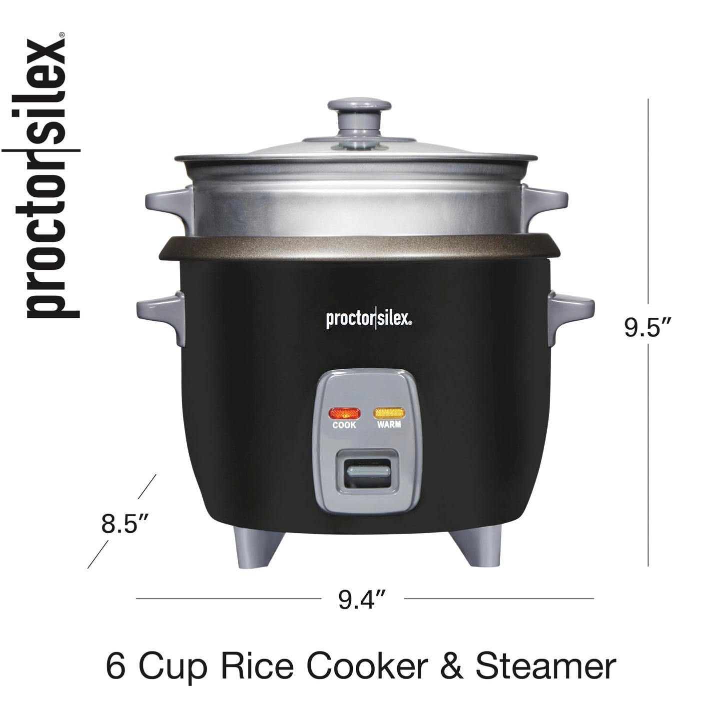 Proctor Silex Rice Cooker & Food Steamer, 6 Cups Cooked (3 Cups Uncooked), Includes Steam and Rinsing Basket, Black (37510)