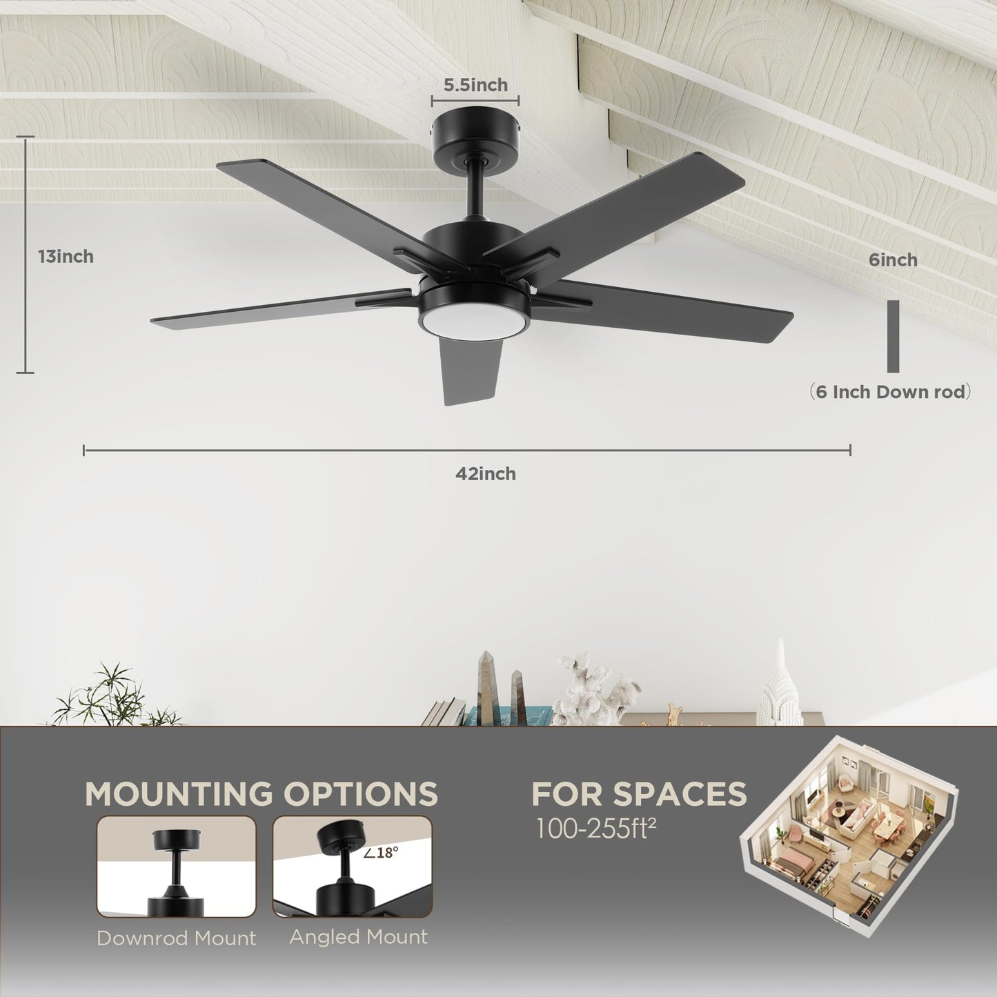 VAGIZM Ceiling Fan with Light Remote: 42 Inch Modern Fans with Dimmable Tri-Color Temperature LED - Quiet Reversible DC Motor for Home Office Bedroom